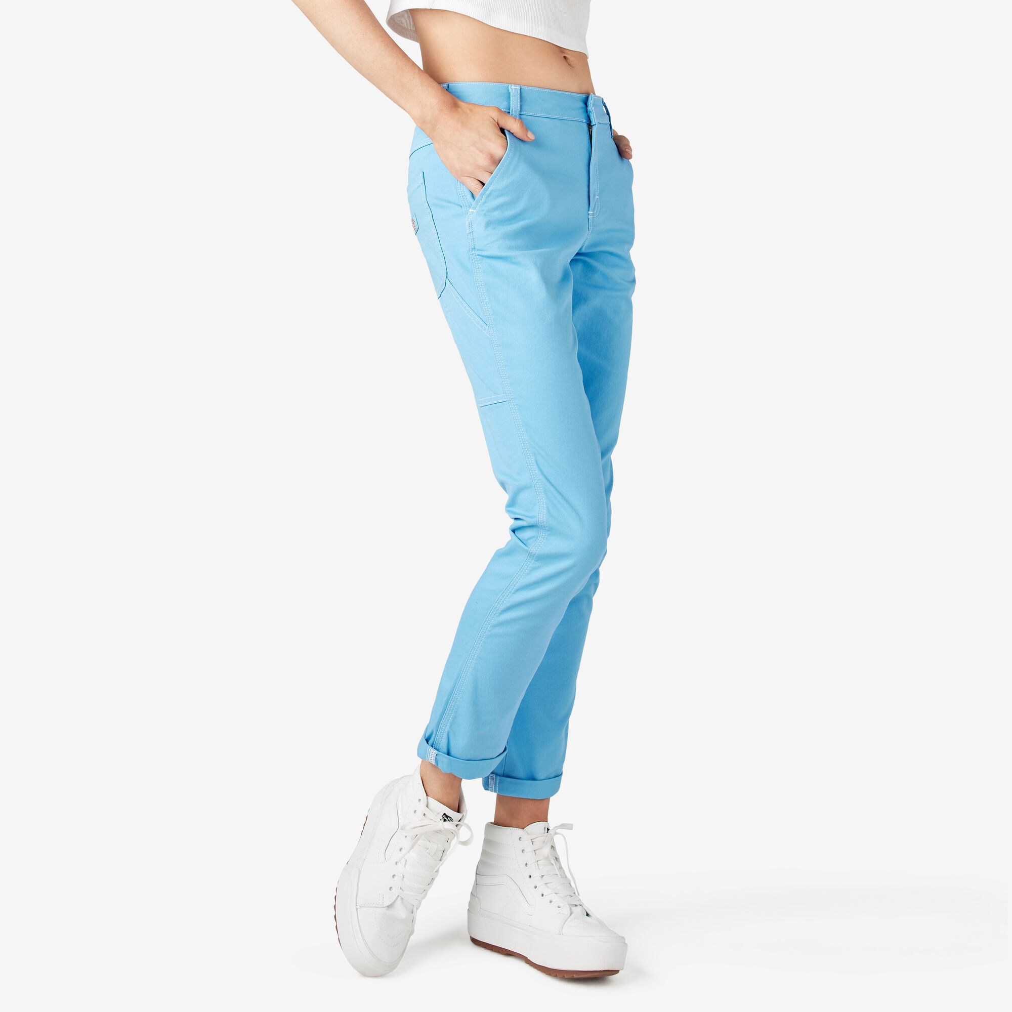 Women's Slim Straight Fit Roll Hem Carpenter Pants, Azure Blue