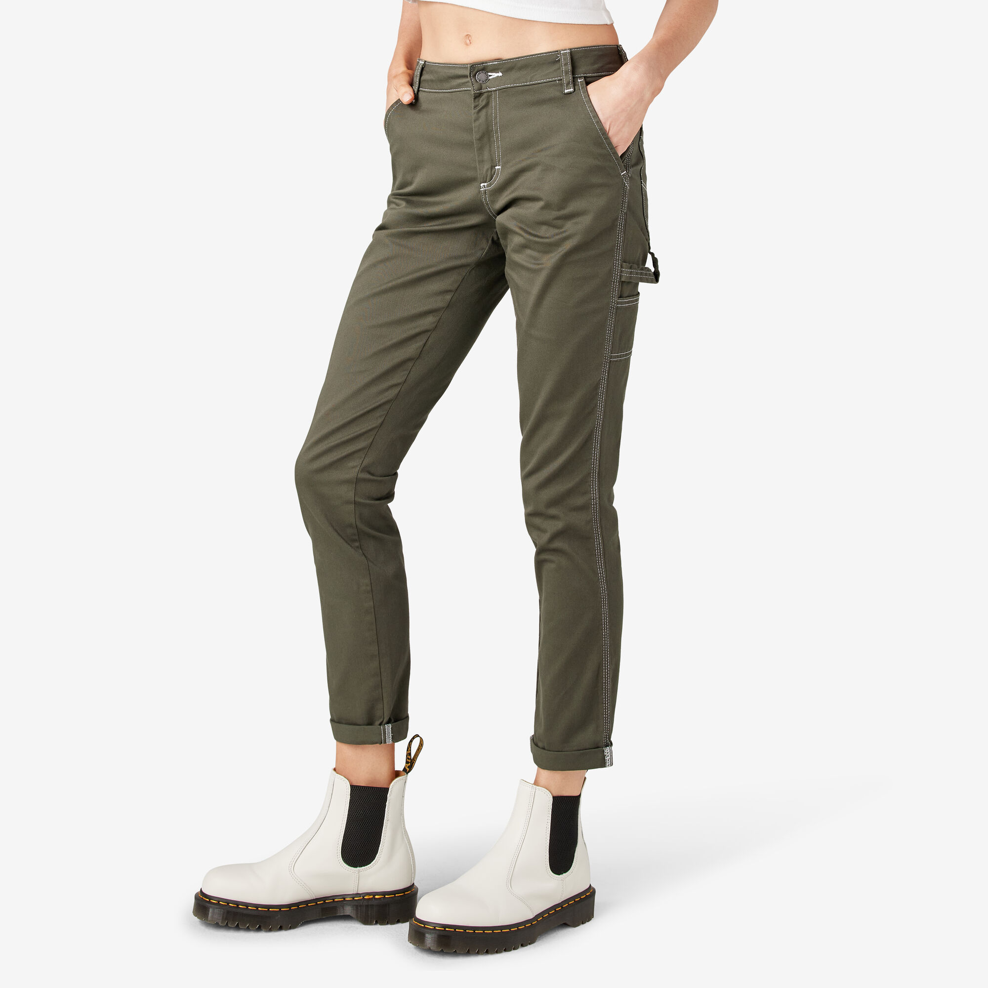 Women's Slim Straight Fit Roll Hem Carpenter Pants, Olive Green