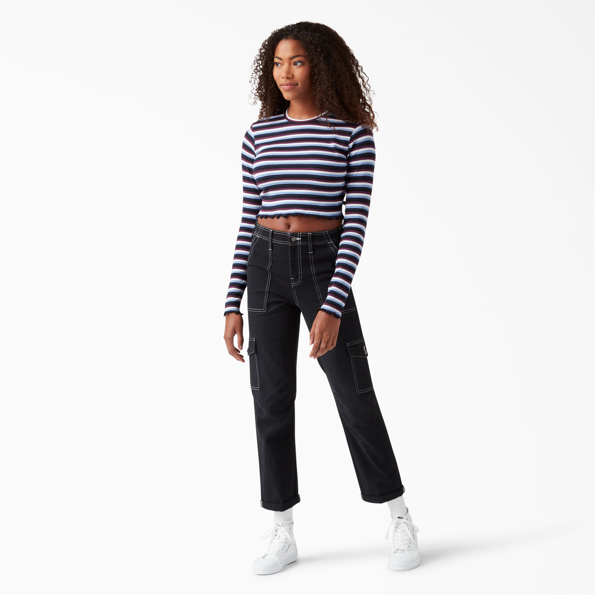 Women's Striped Long Sleeve Cropped T-Shirt