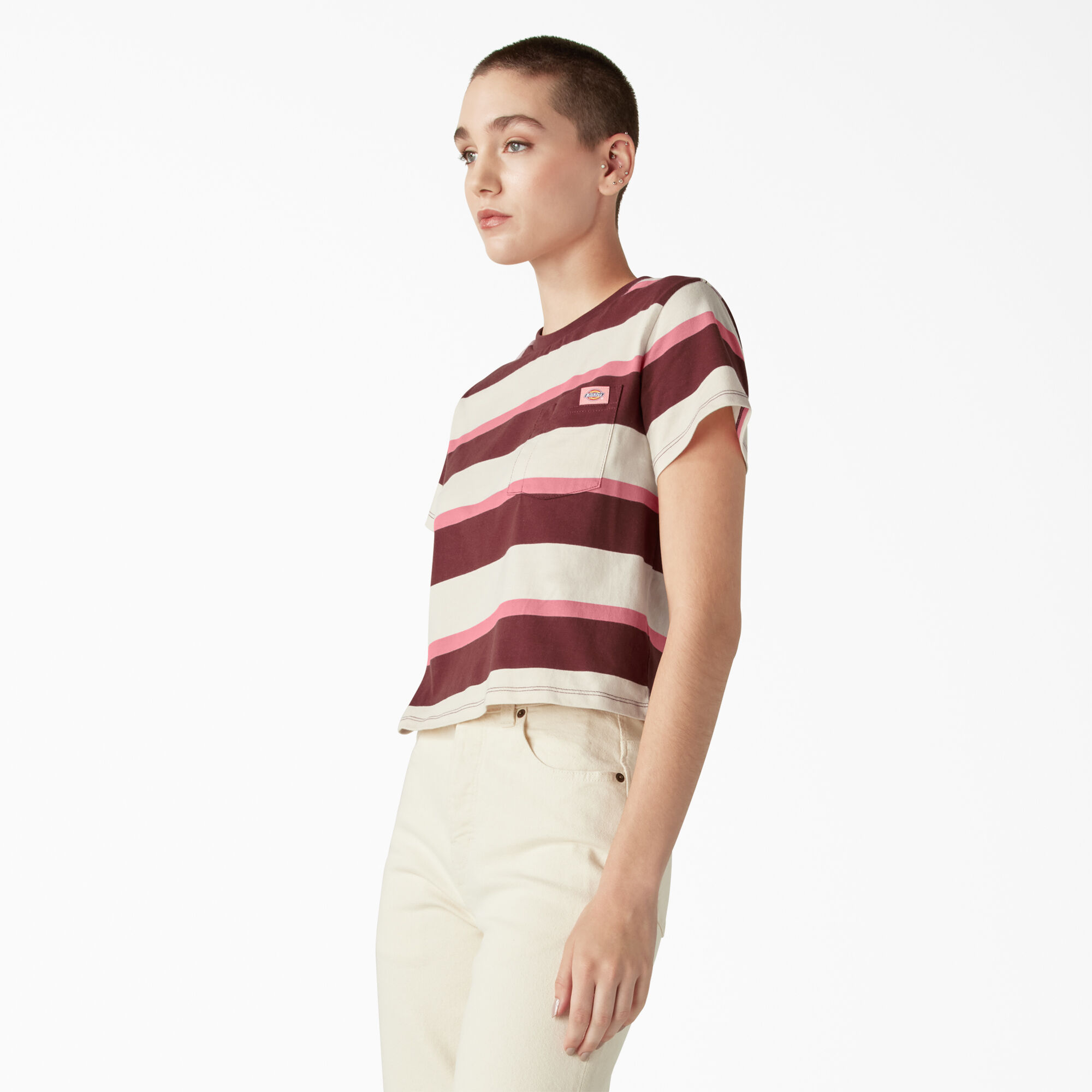 Women's Large Striped Cropped Pocket T-Shirt