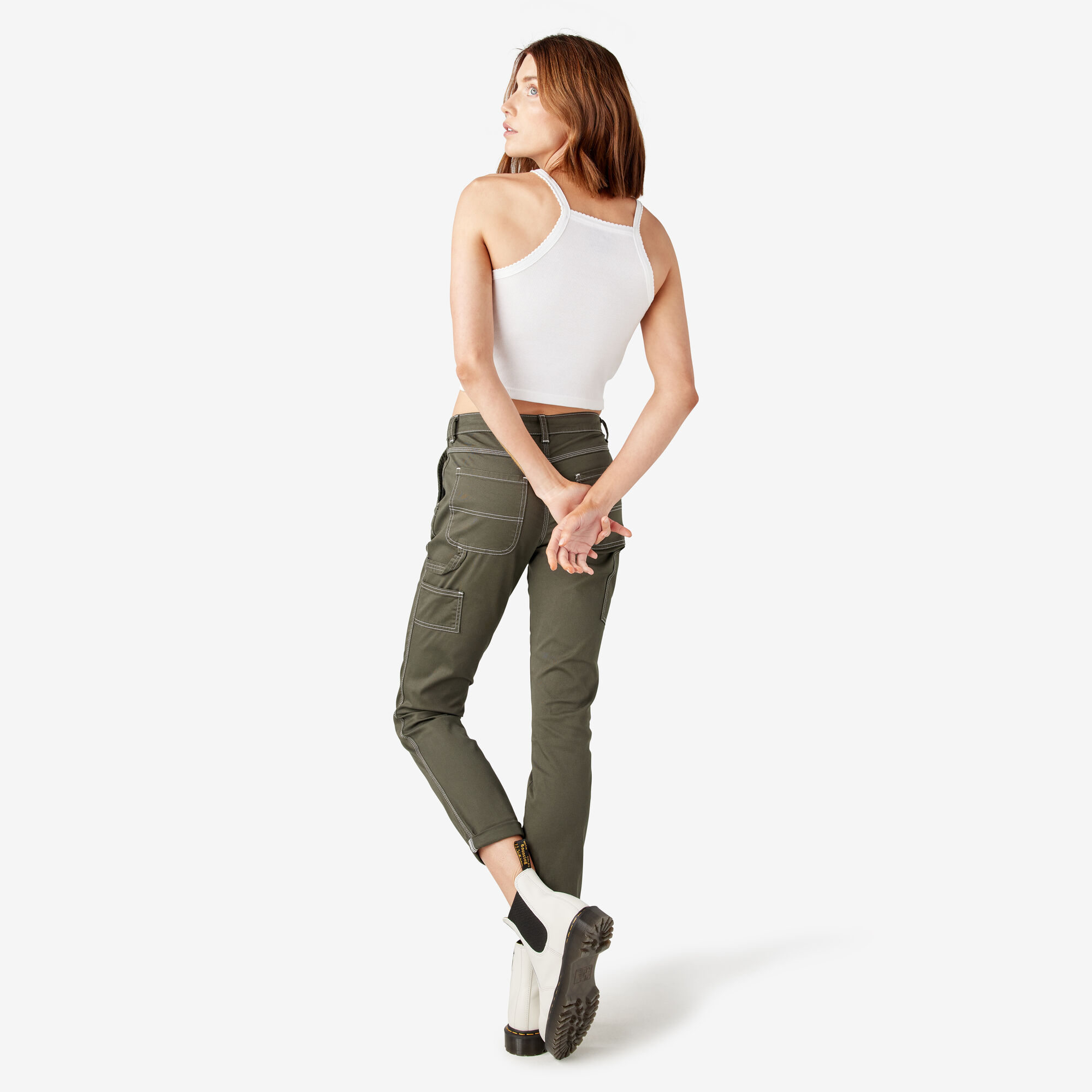 Women's Slim Straight Fit Roll Hem Carpenter Pants, Olive Green