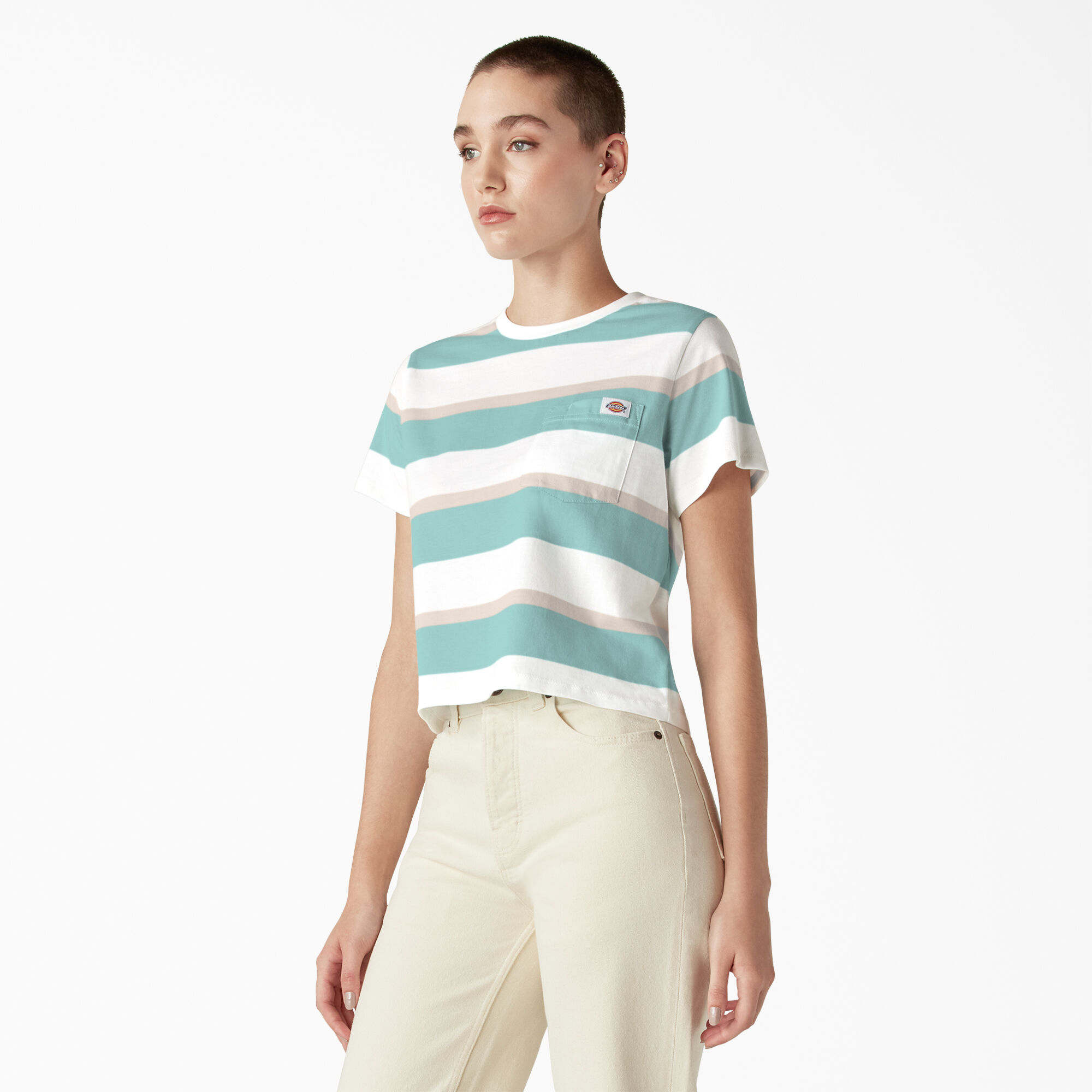 Women's Large Striped Cropped Pocket T-Shirt