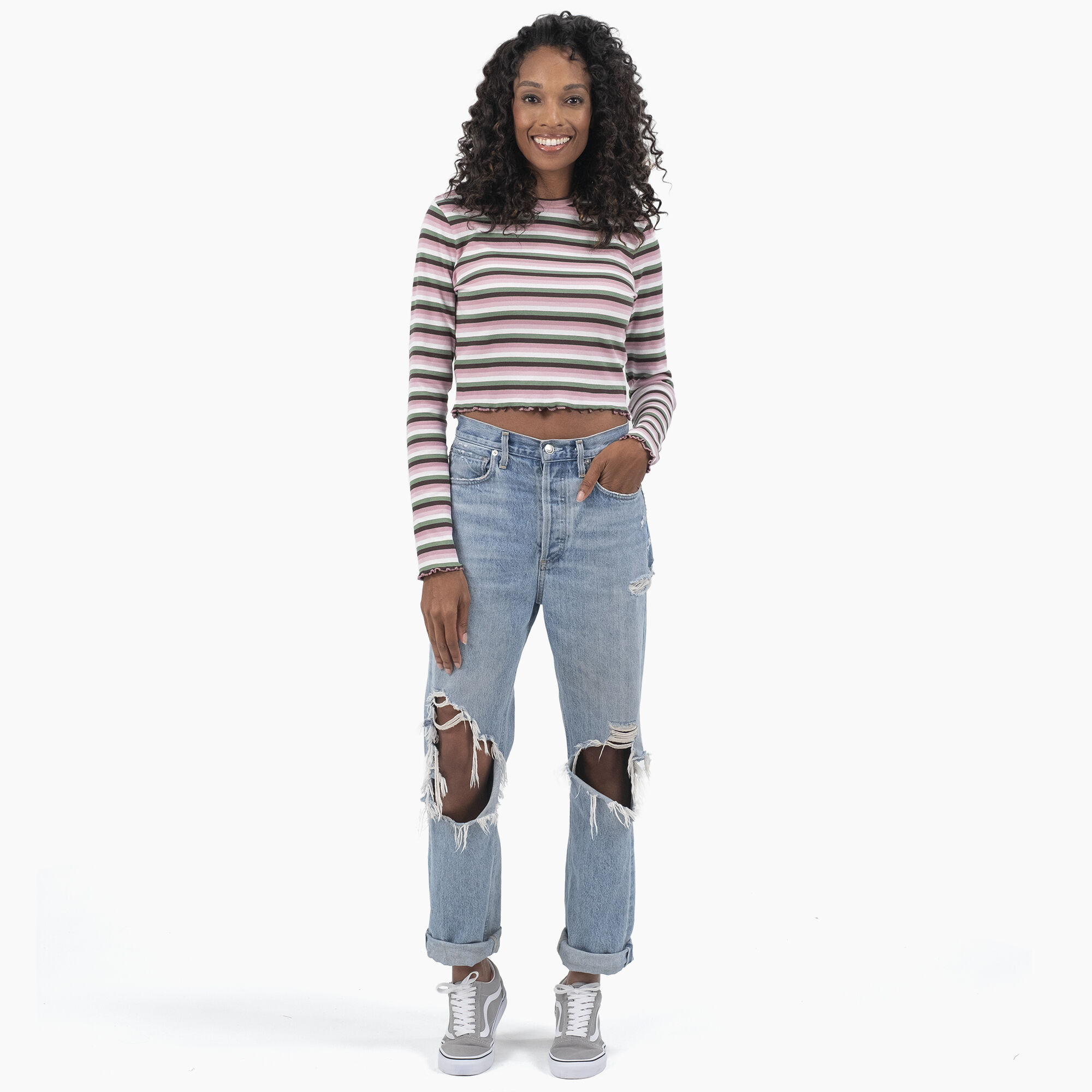 Women's Striped Long Sleeve Cropped T-Shirt