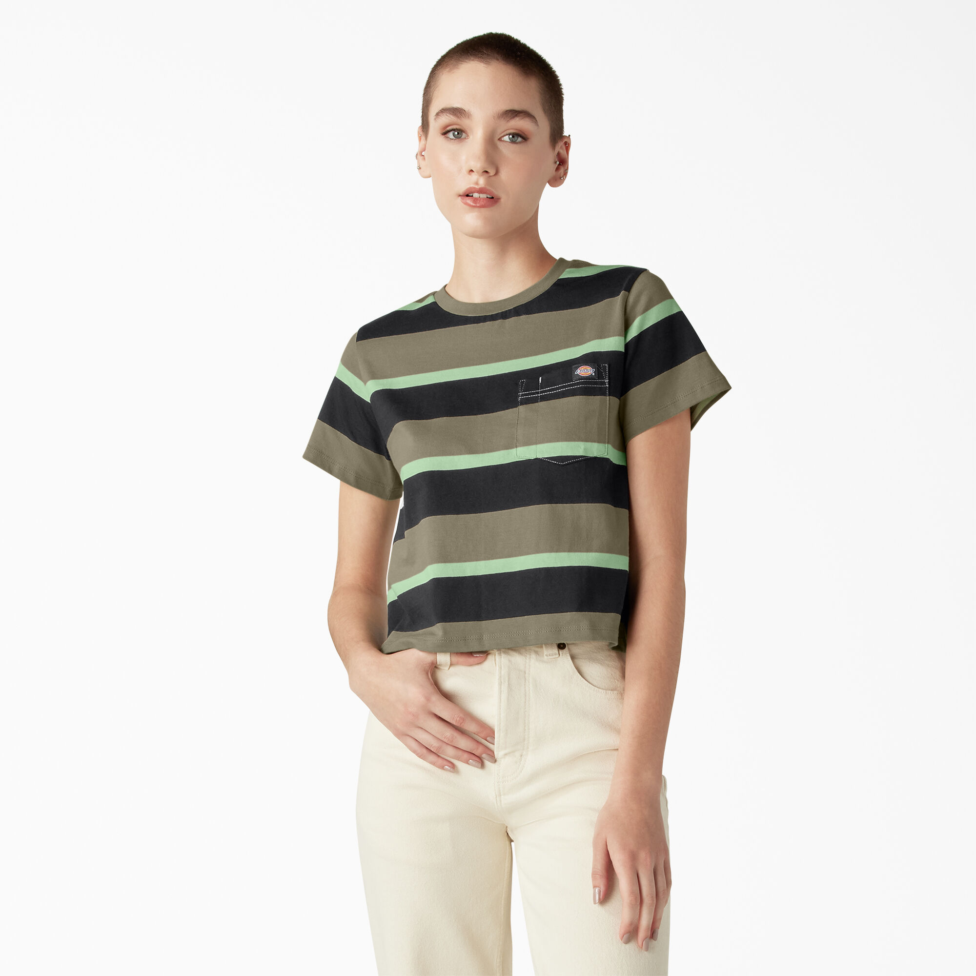 Women's Large Striped Cropped Pocket T-Shirt
