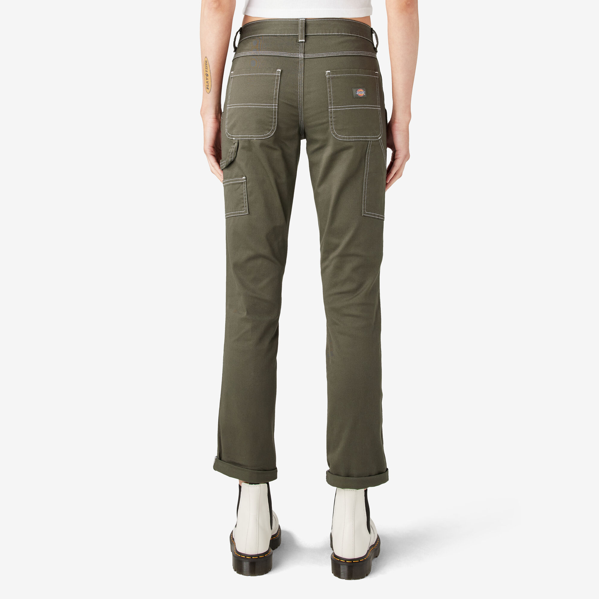 Women's Slim Straight Fit Roll Hem Carpenter Pants, Olive Green
