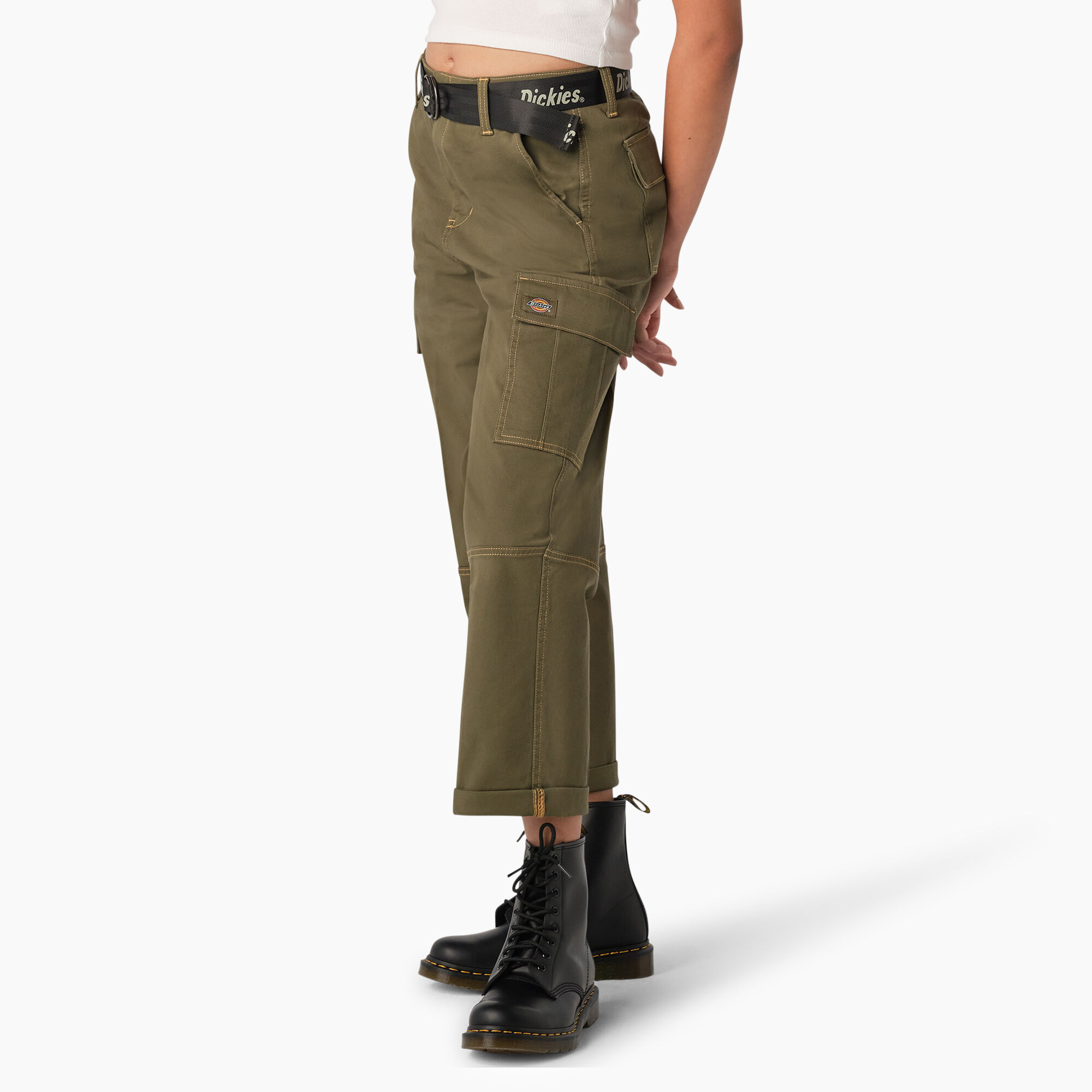 Women's Relaxed Fit Contrast Stitch Cropped Cargo Pants