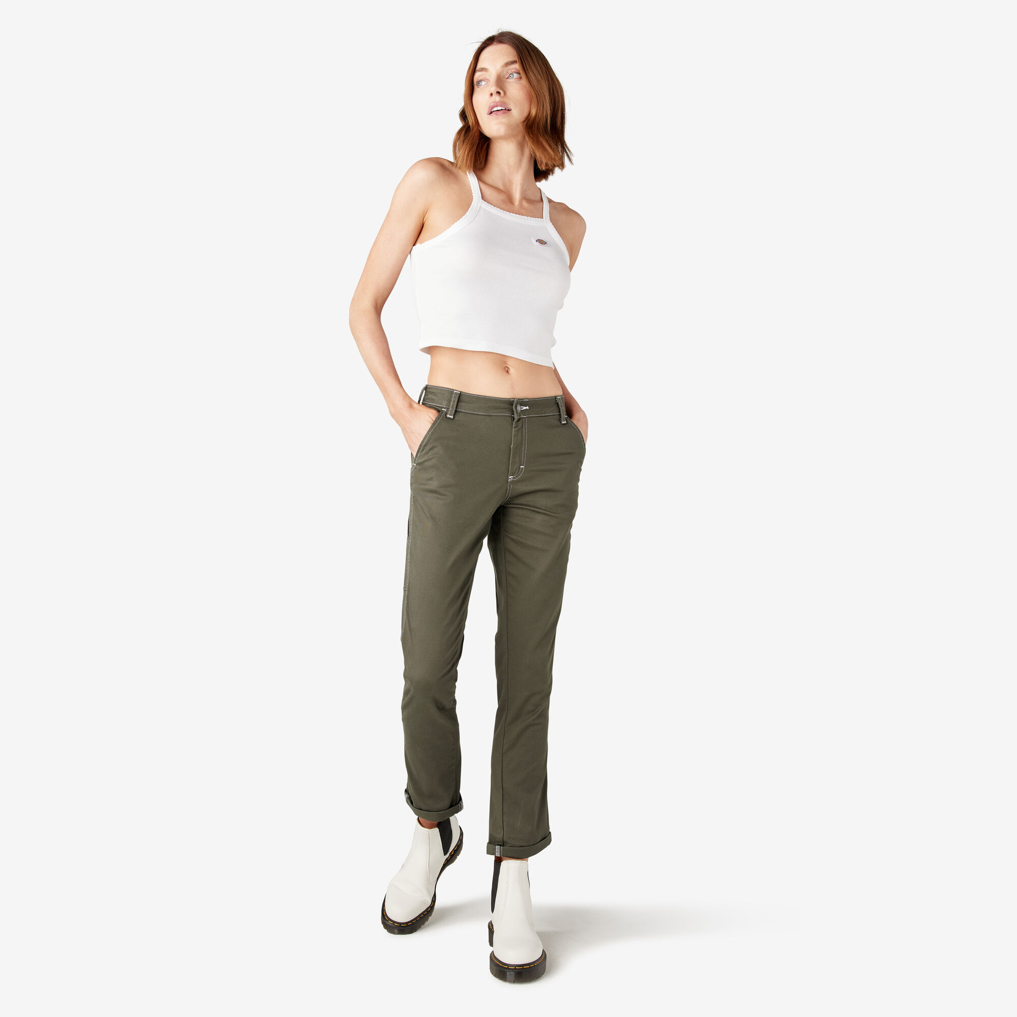 Women's Slim Straight Fit Roll Hem Carpenter Pants, Olive Green