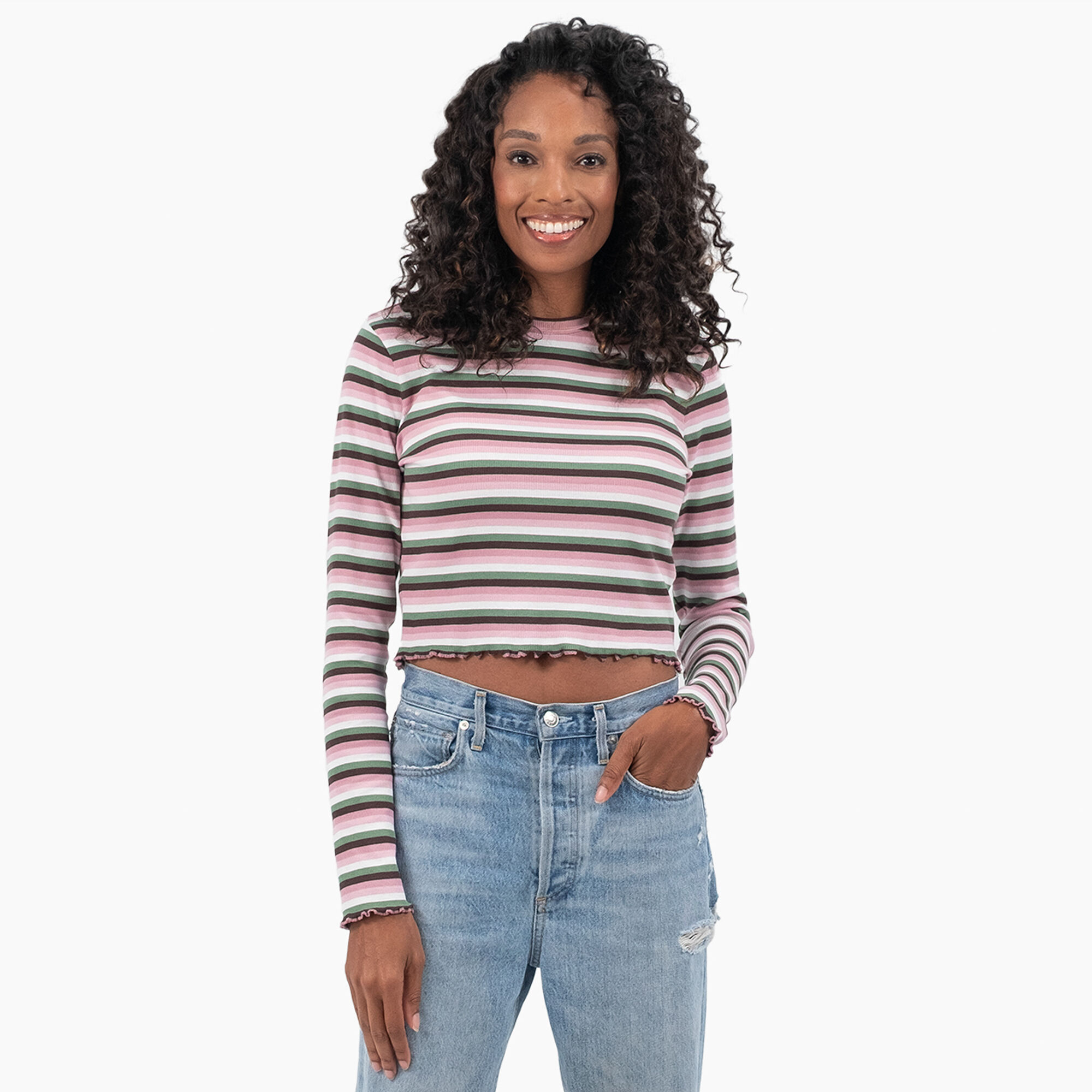 Women's Striped Long Sleeve Cropped T-Shirt