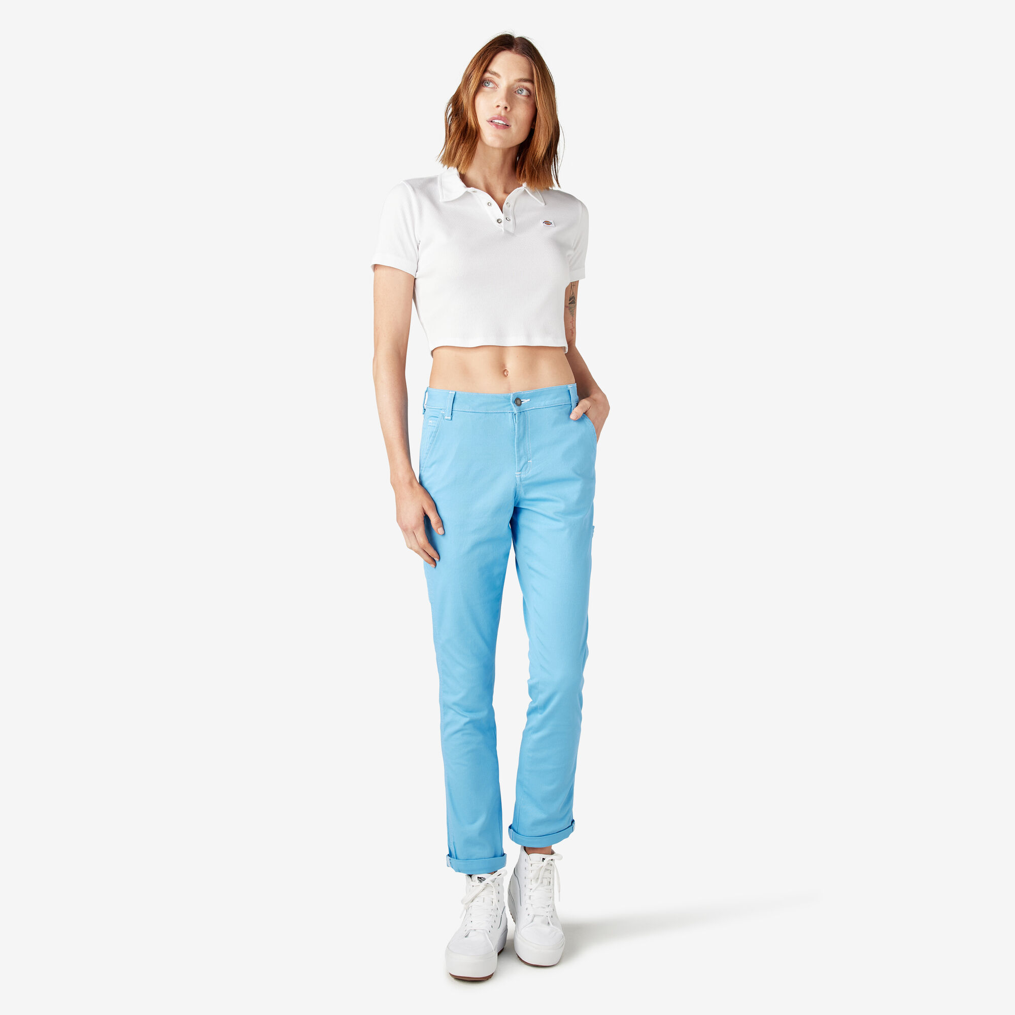Women's Slim Straight Fit Roll Hem Carpenter Pants, Azure Blue