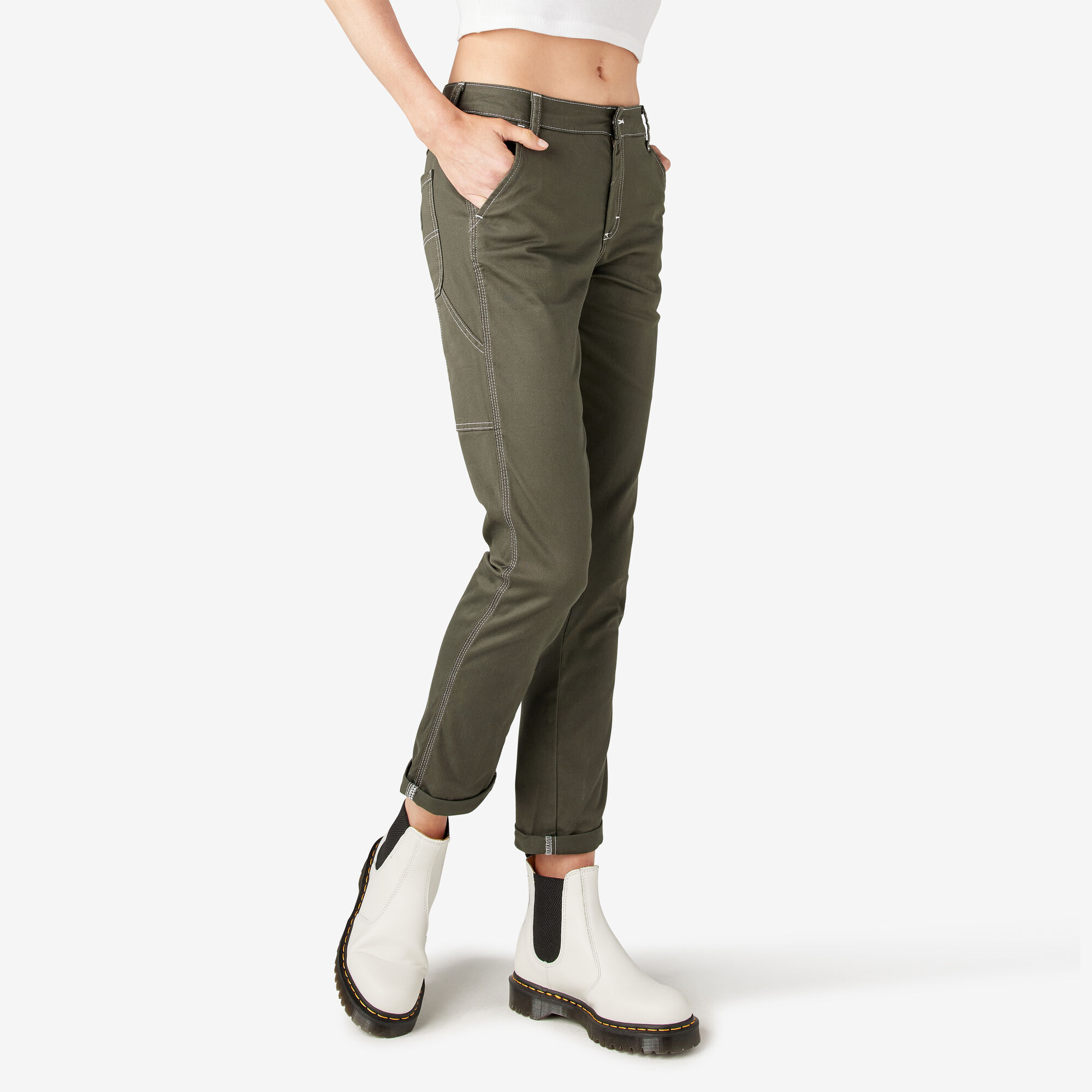 Women's Slim Straight Fit Roll Hem Carpenter Pants, Olive Green