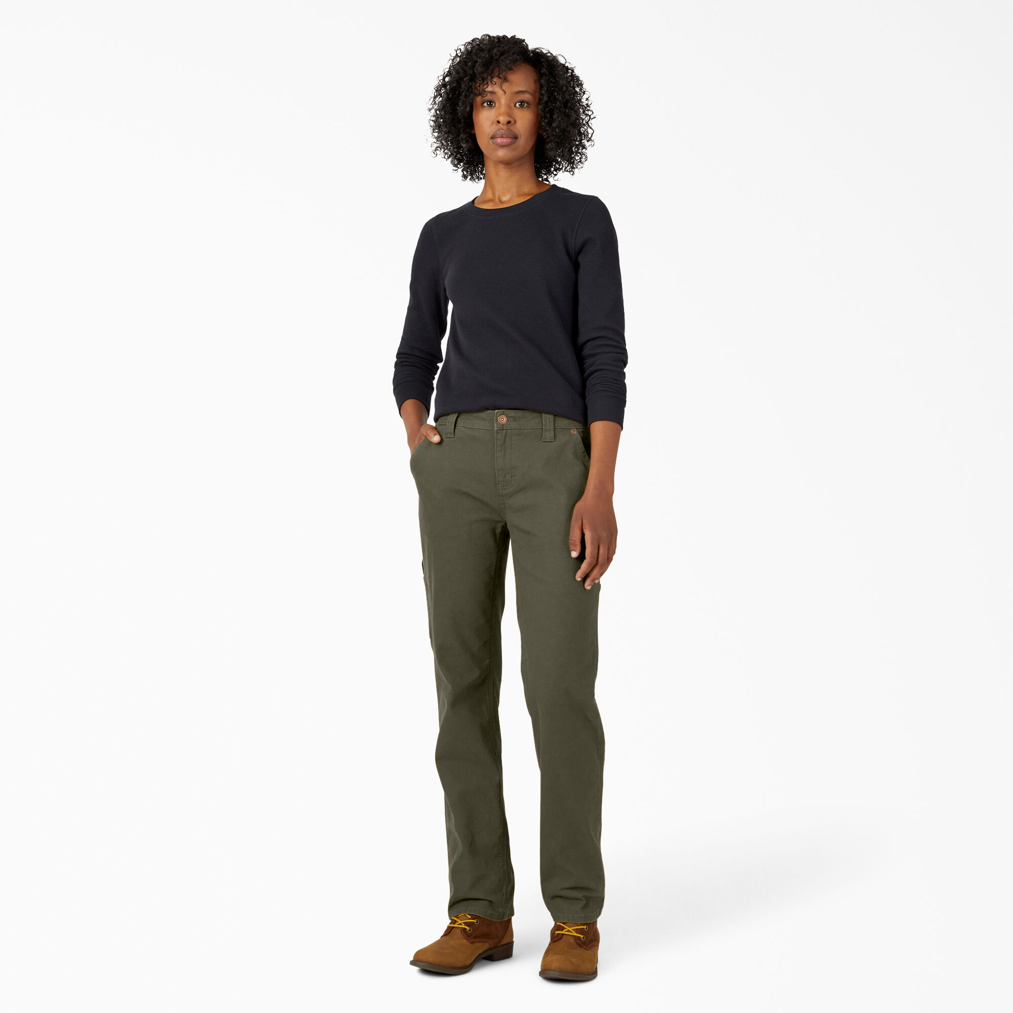 Women's FLEX Relaxed Straight Fit Duck Carpenter Pants, Rinsed Moss Green