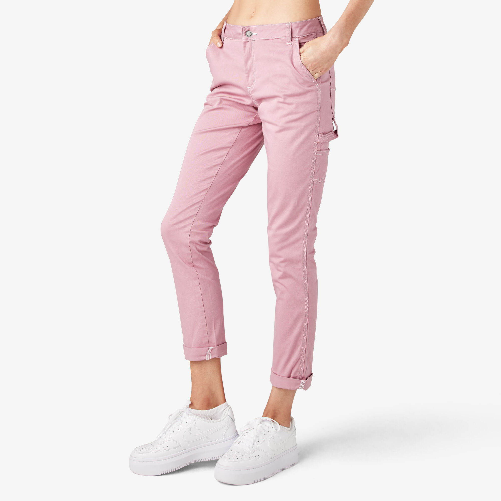 Women's Slim Straight Fit Roll Hem Carpenter Pants, Foxglove