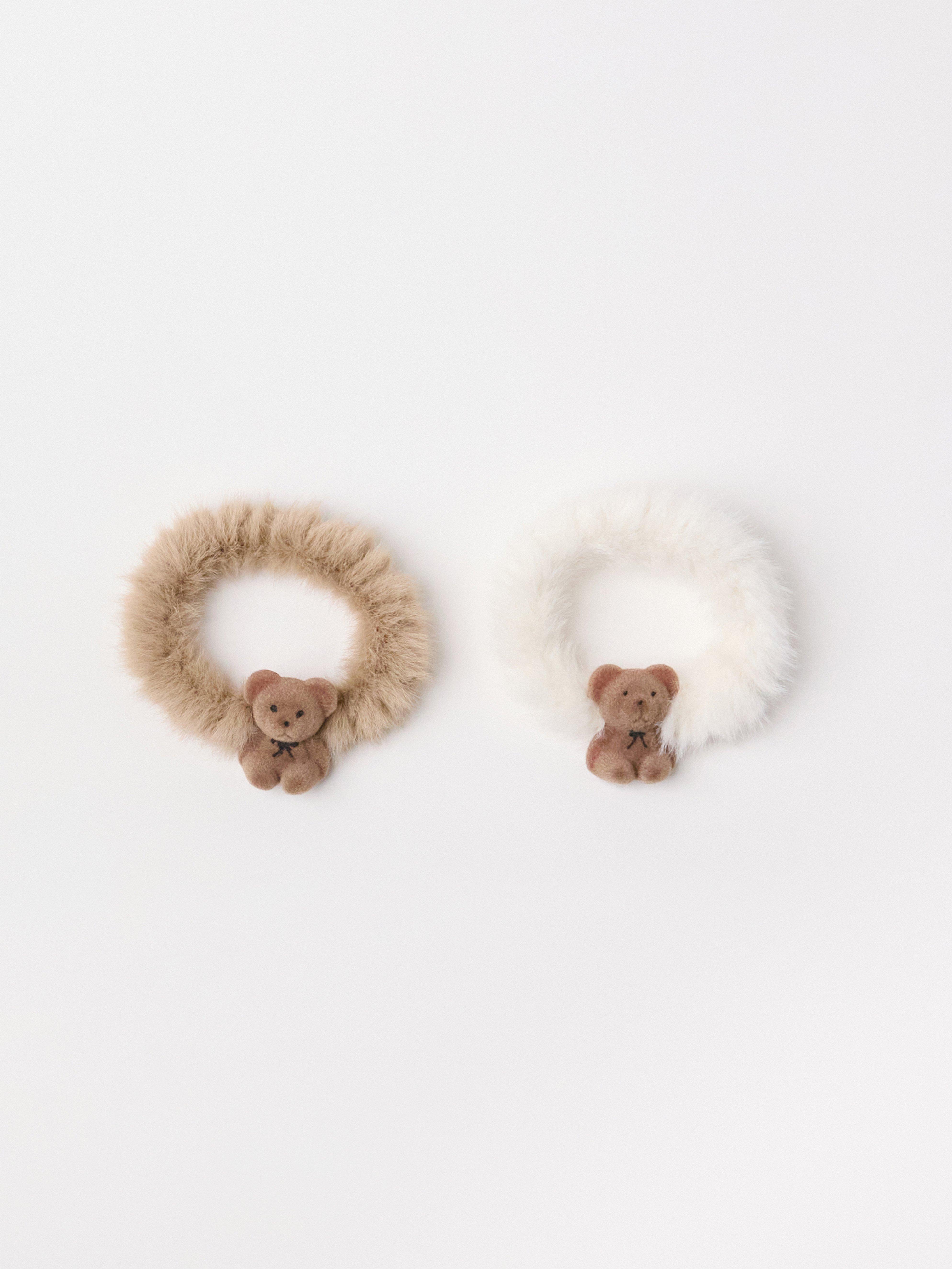 Fluffy hair elastics with teddy bears Light Dusty White