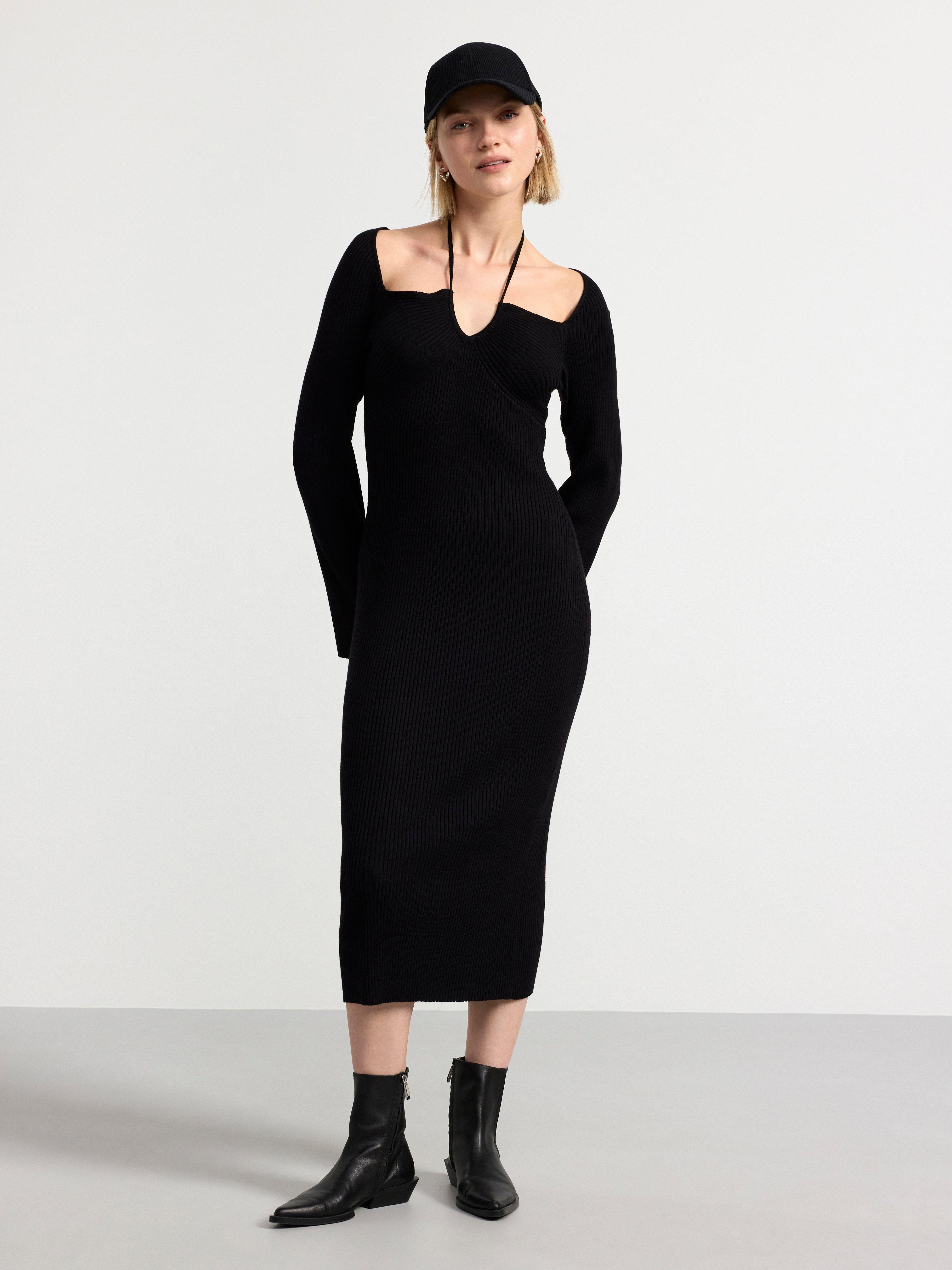 Rib-knitted maxi dress Black