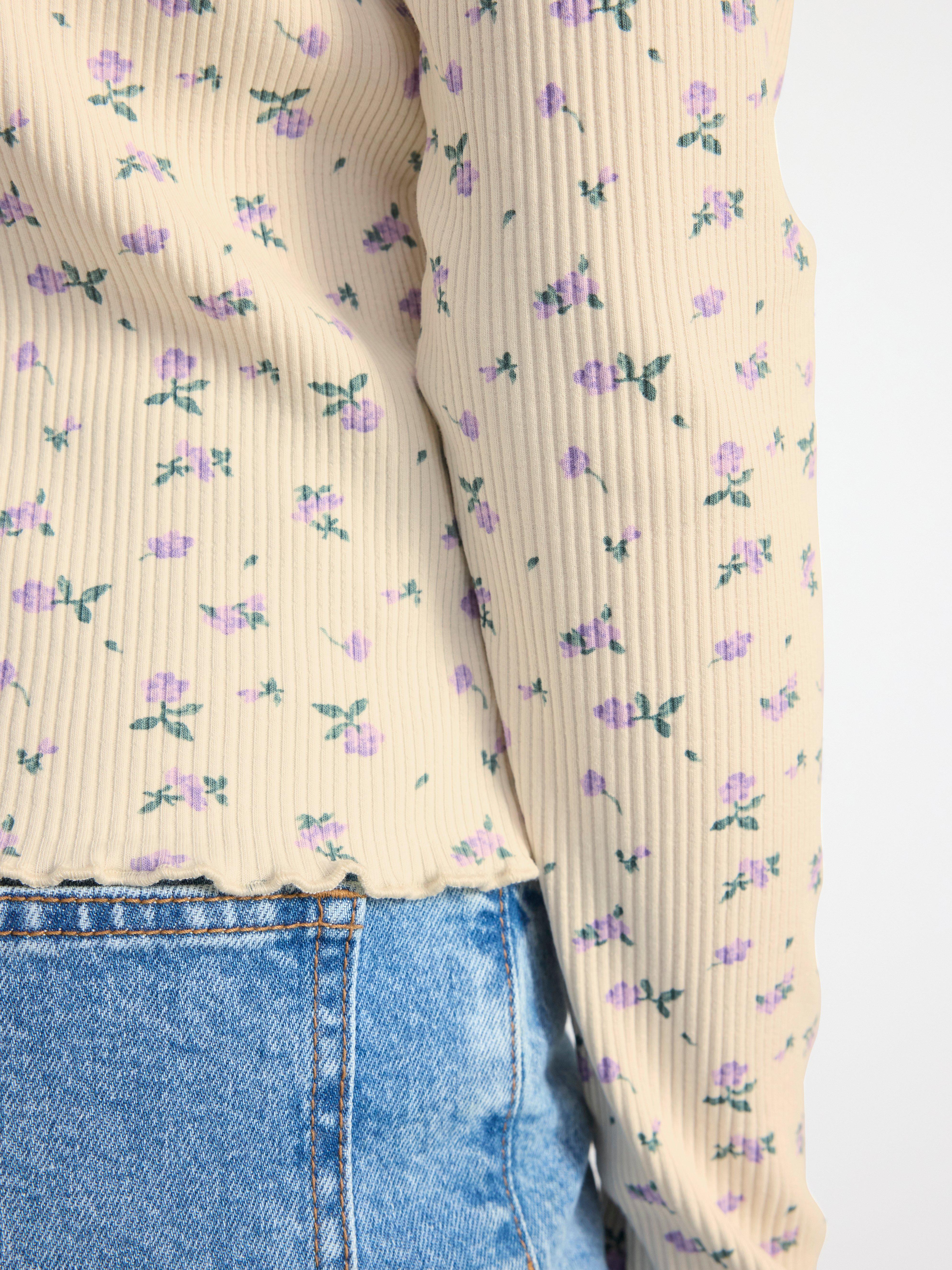 Ribbed long sleeve top with flowers Light Beige