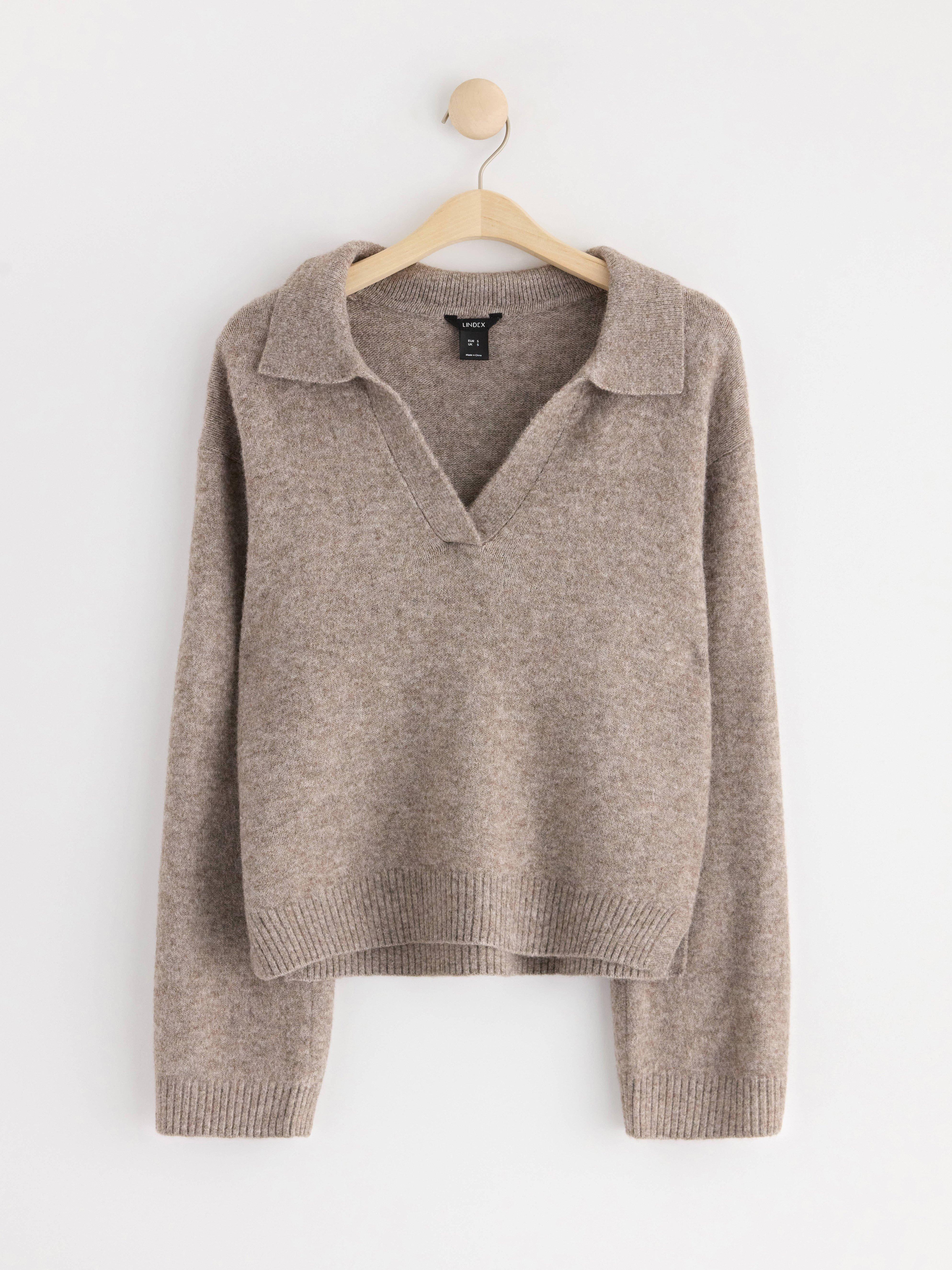 Knitted jumper with collar Brown melange