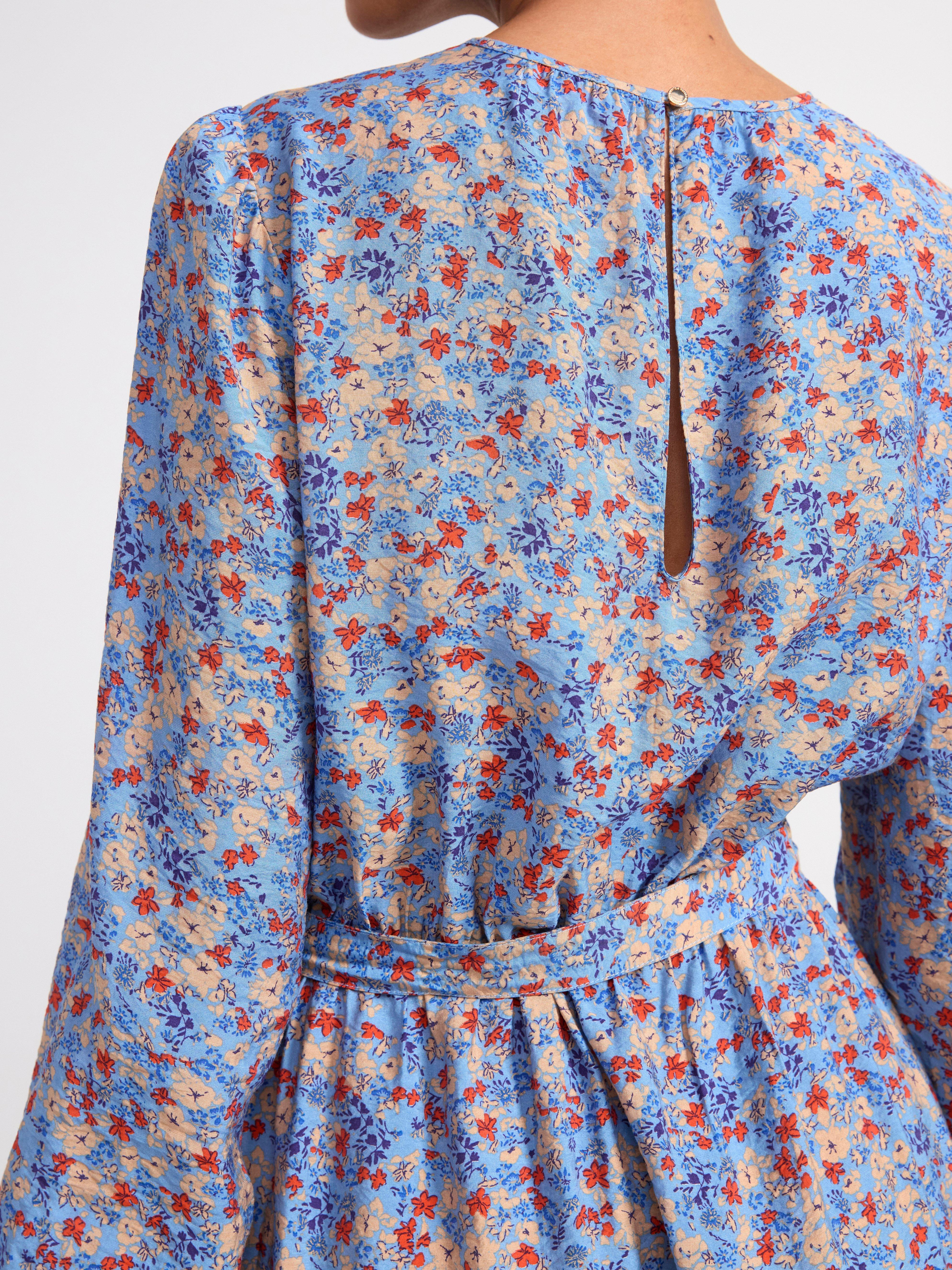 Long sleeve mini dress with flowers Light Blue