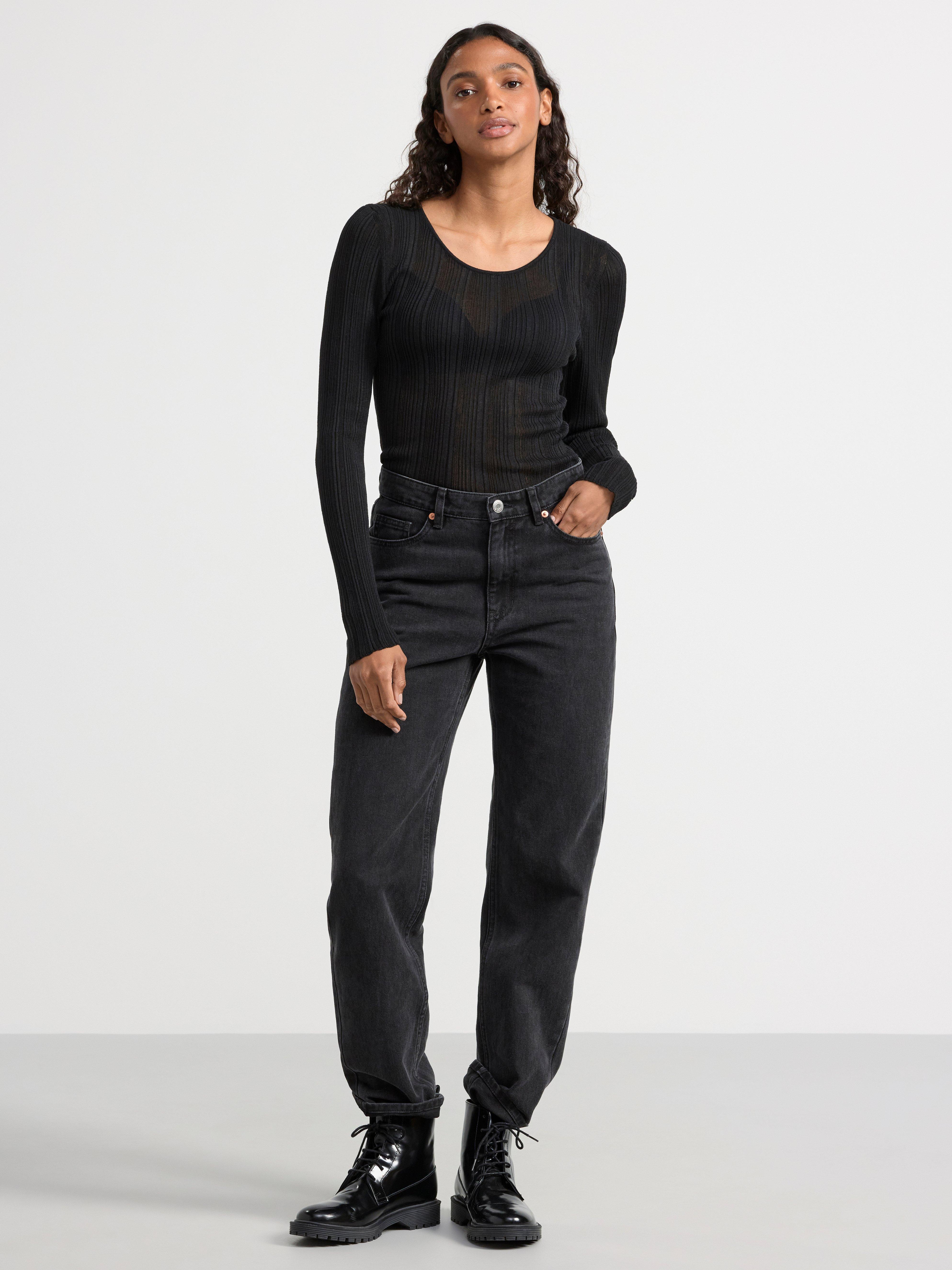 Rib-knit long sleeve top Black