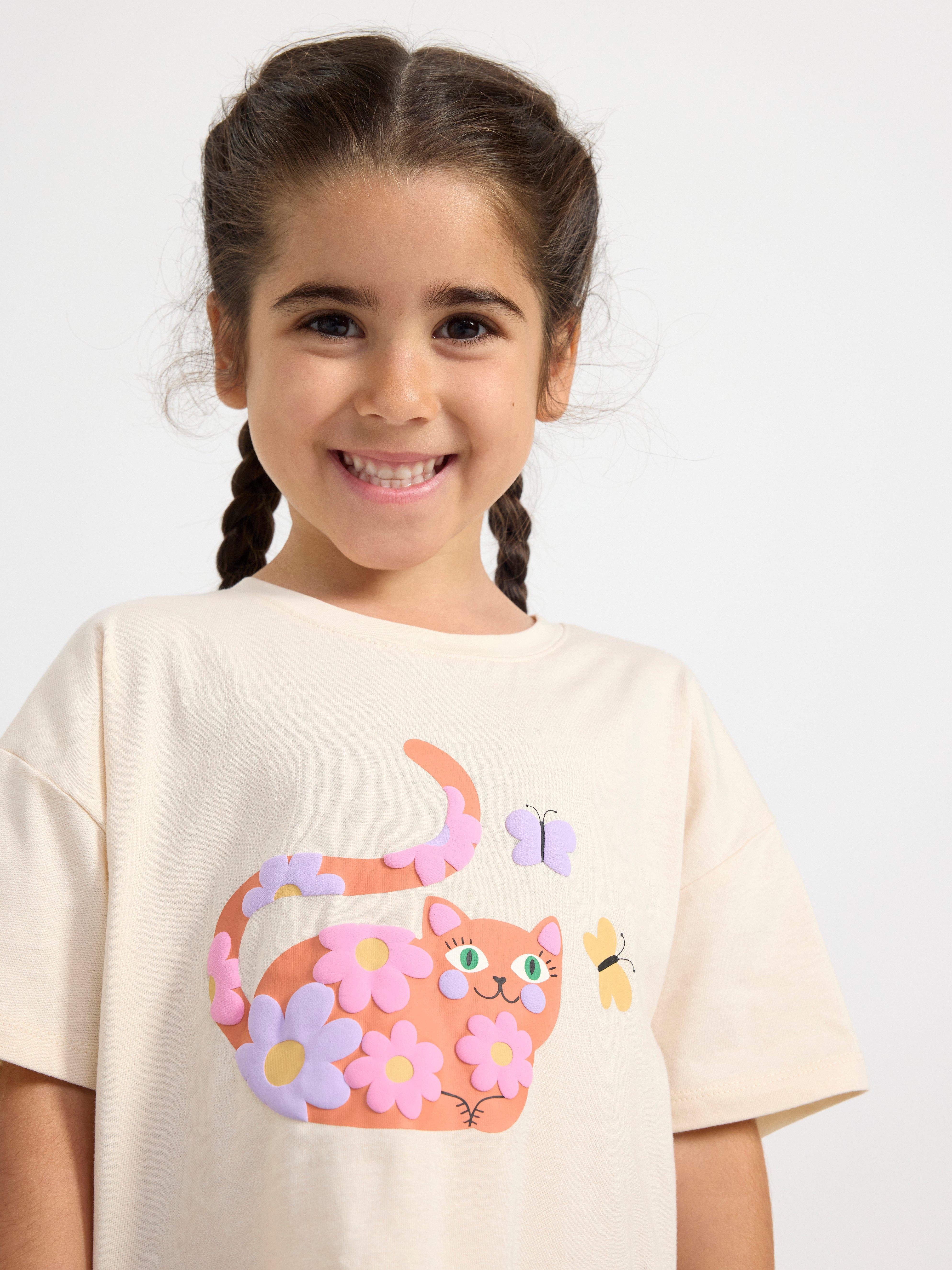 Oversize t-shirt with cat and flower print Light Beige