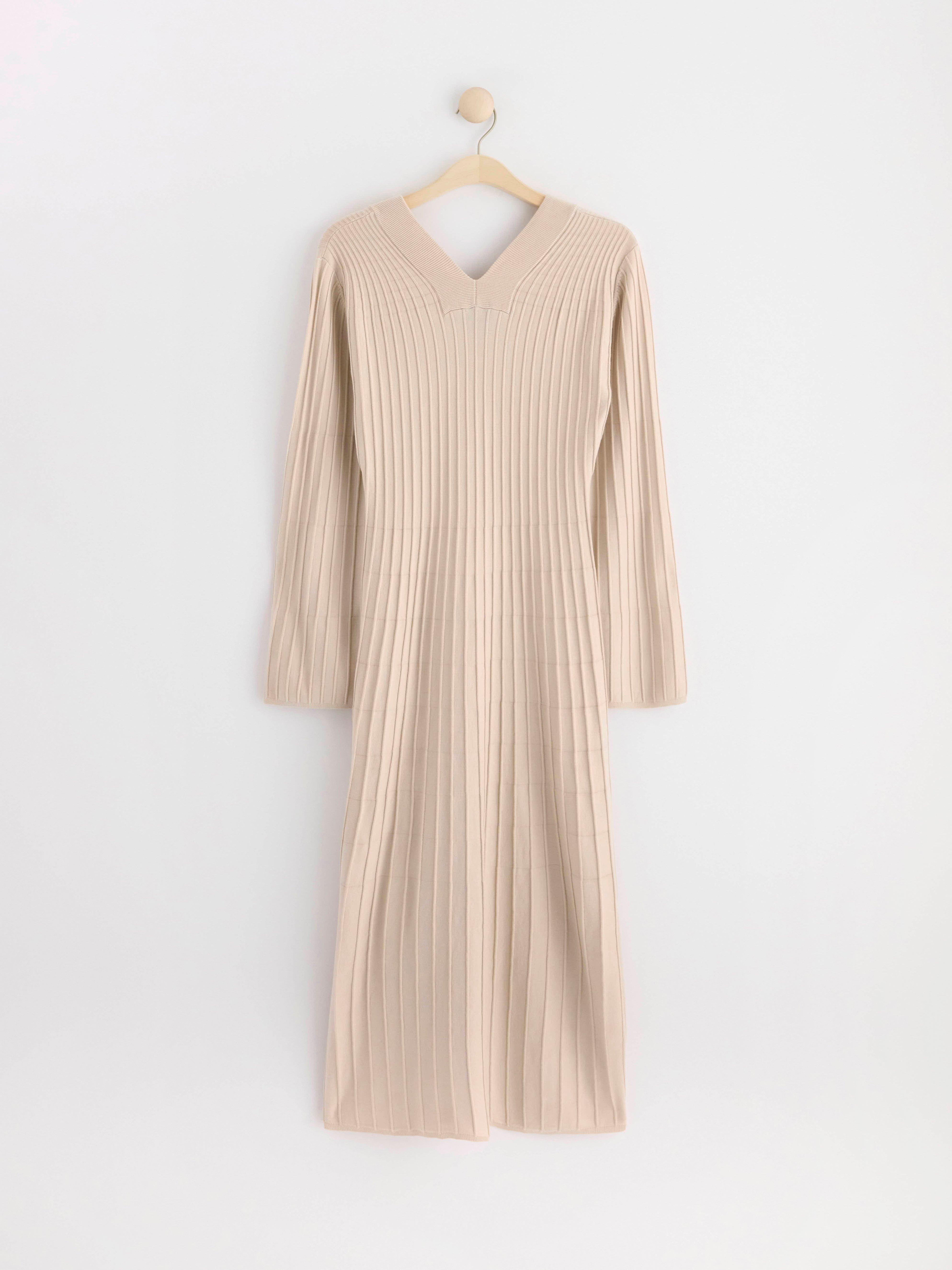 Maxi dress ribbed with long sleeves Light Beige
