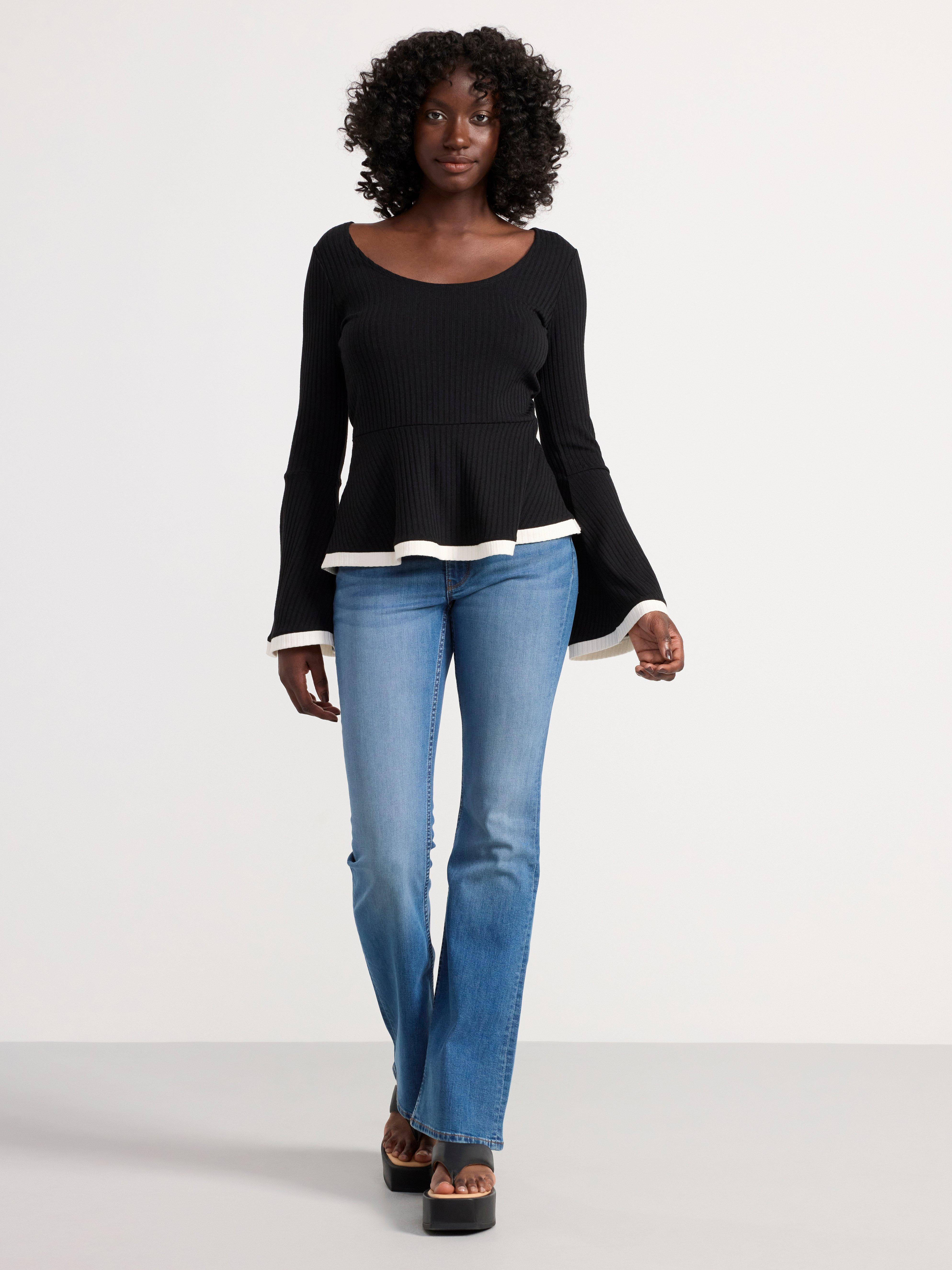 Ribbed long sleeve peplum top Black