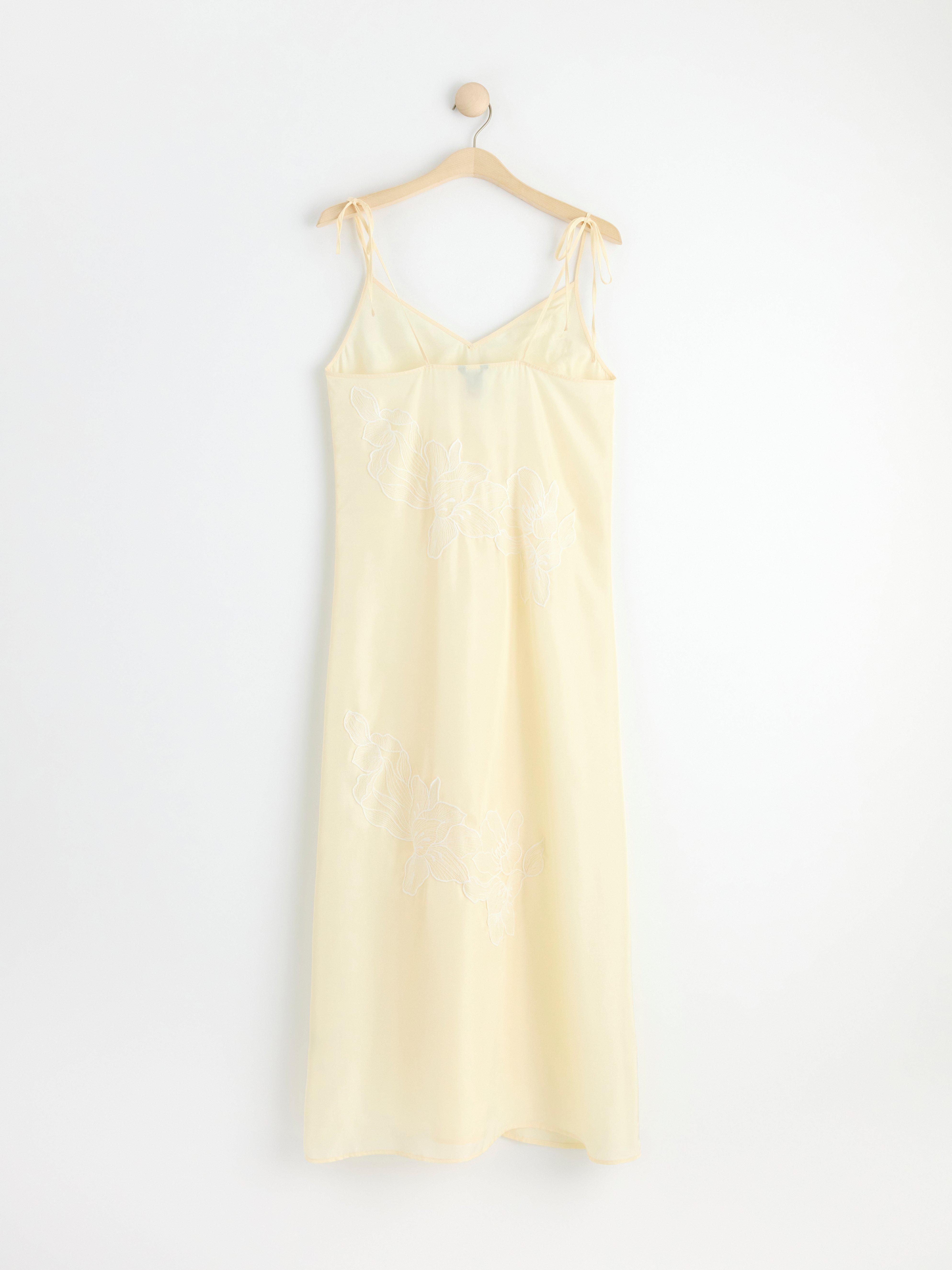 Satin slip dress with flowers Off White
