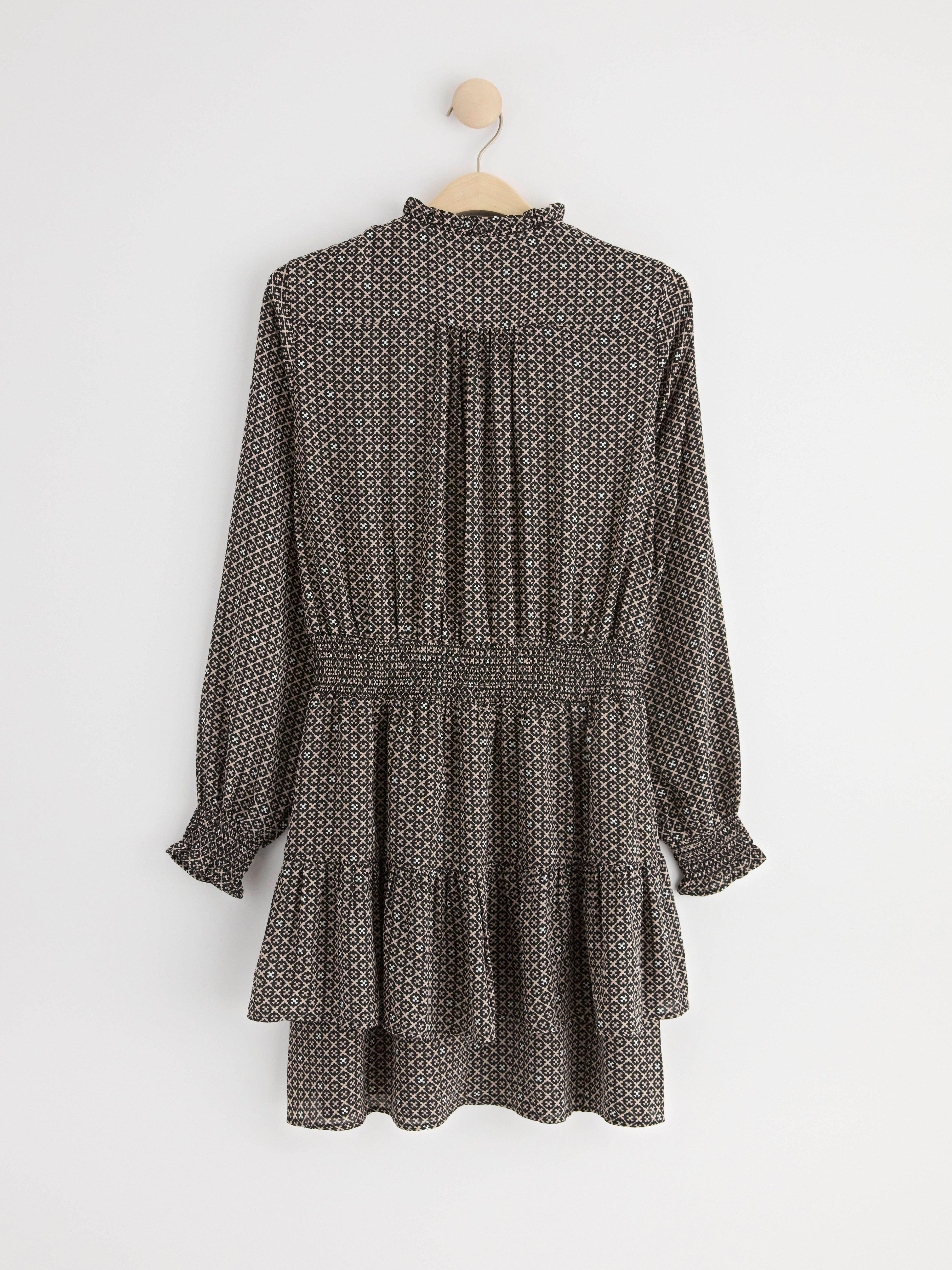Patterned long sleeve dress with flounces Black