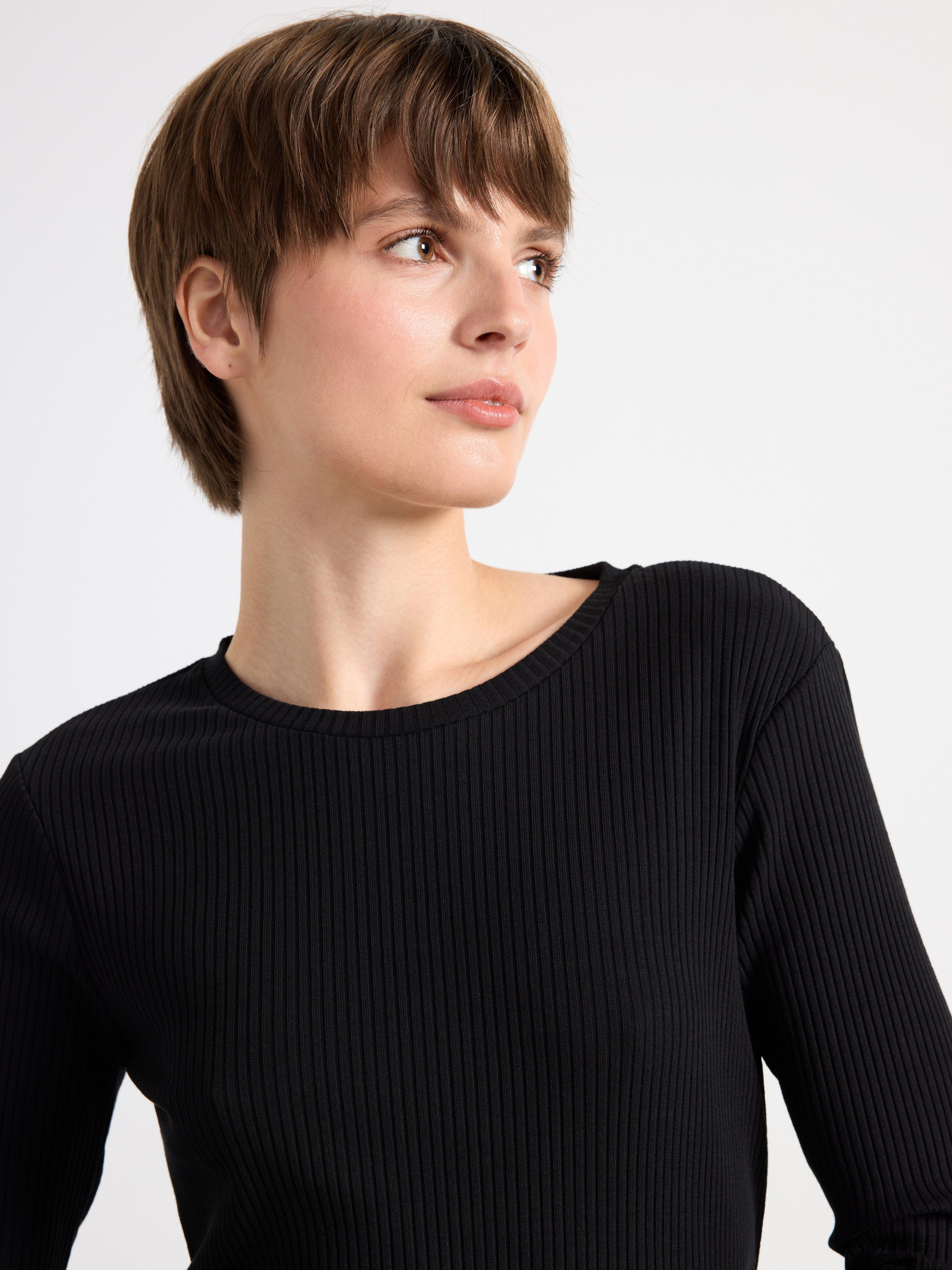 Rib-knitted long sleeve top Black