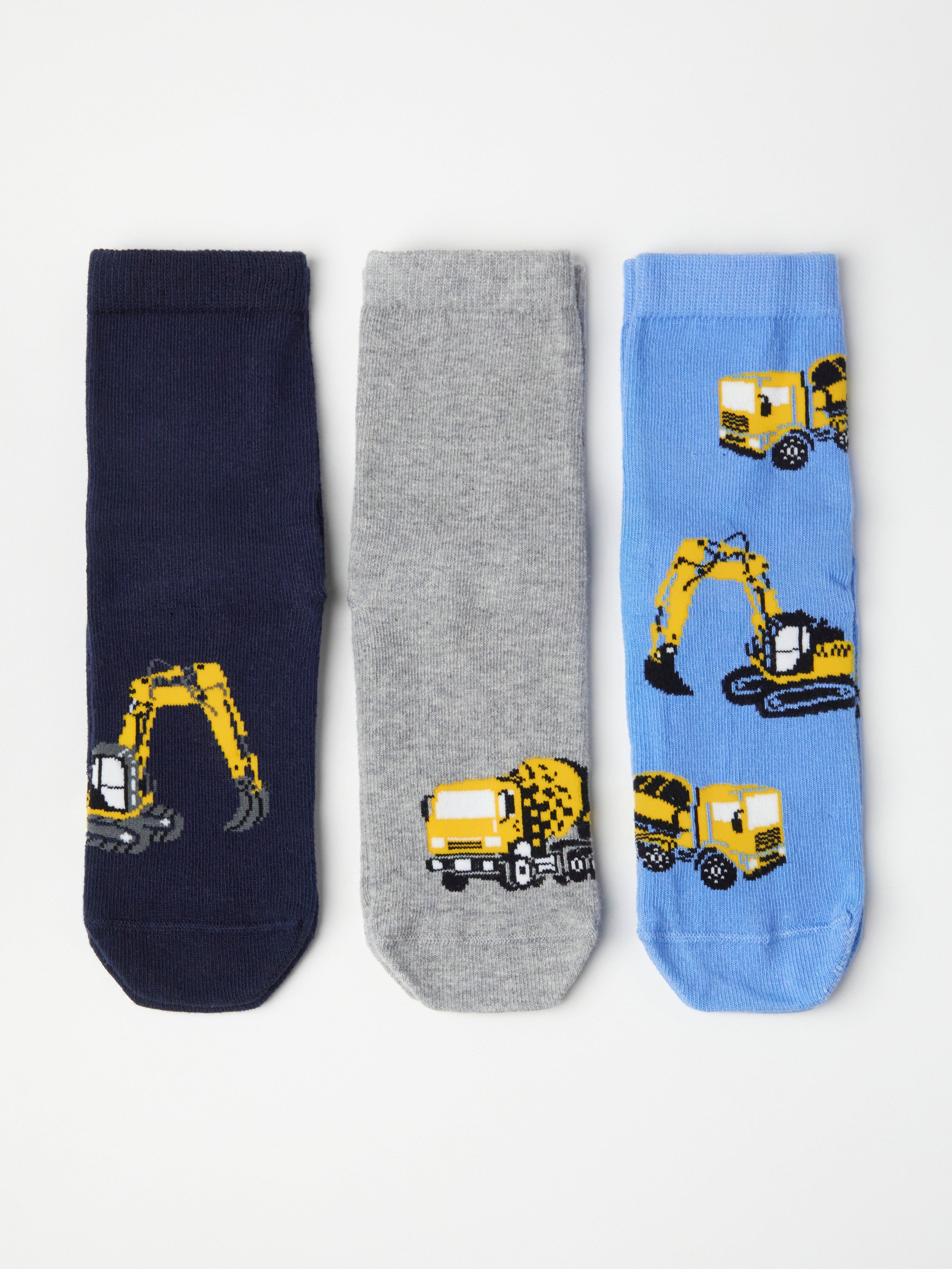 3-pack socks with antislip and construction vehicles Dusty Blue