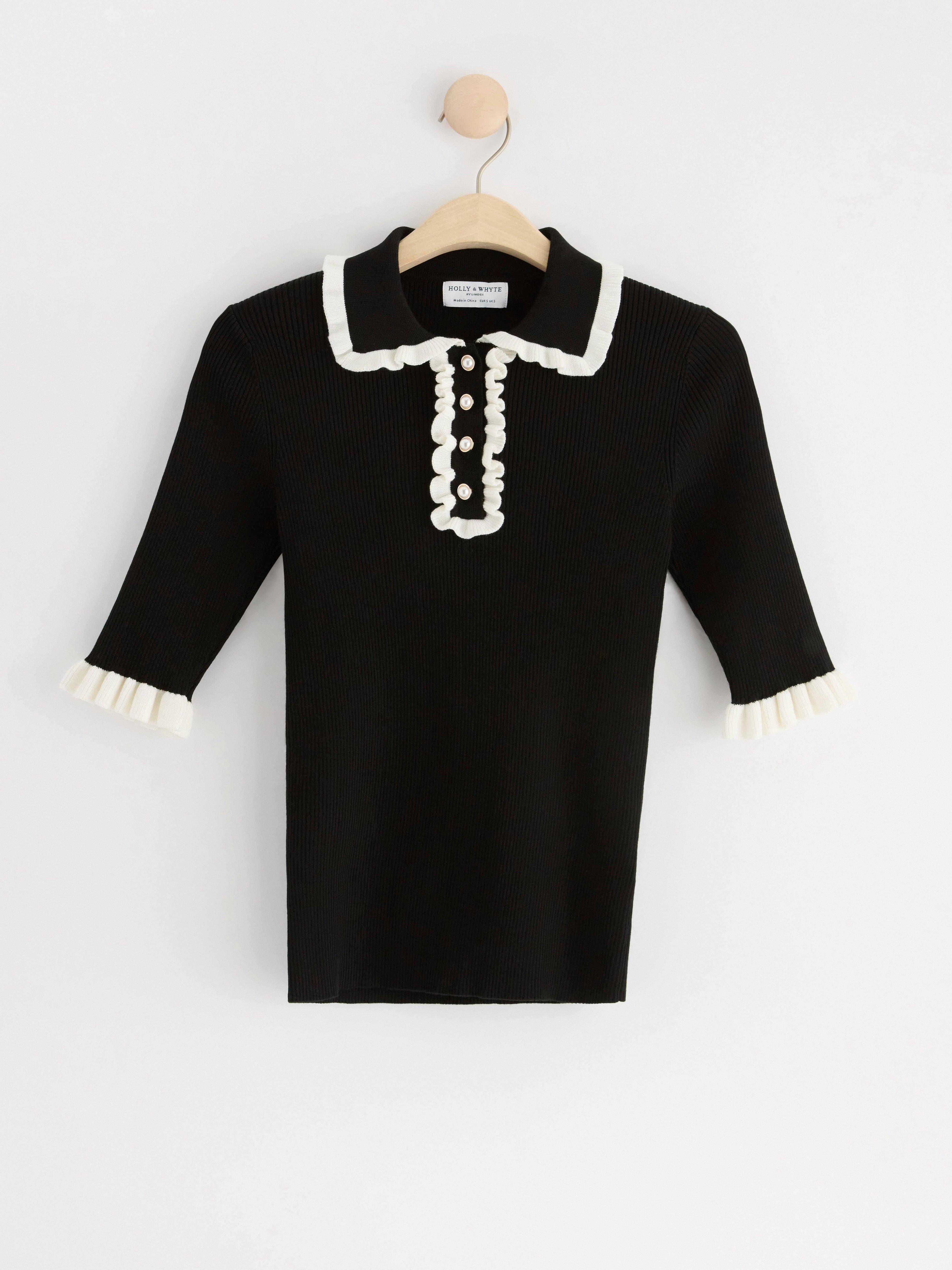 Ribbed top with frills Black