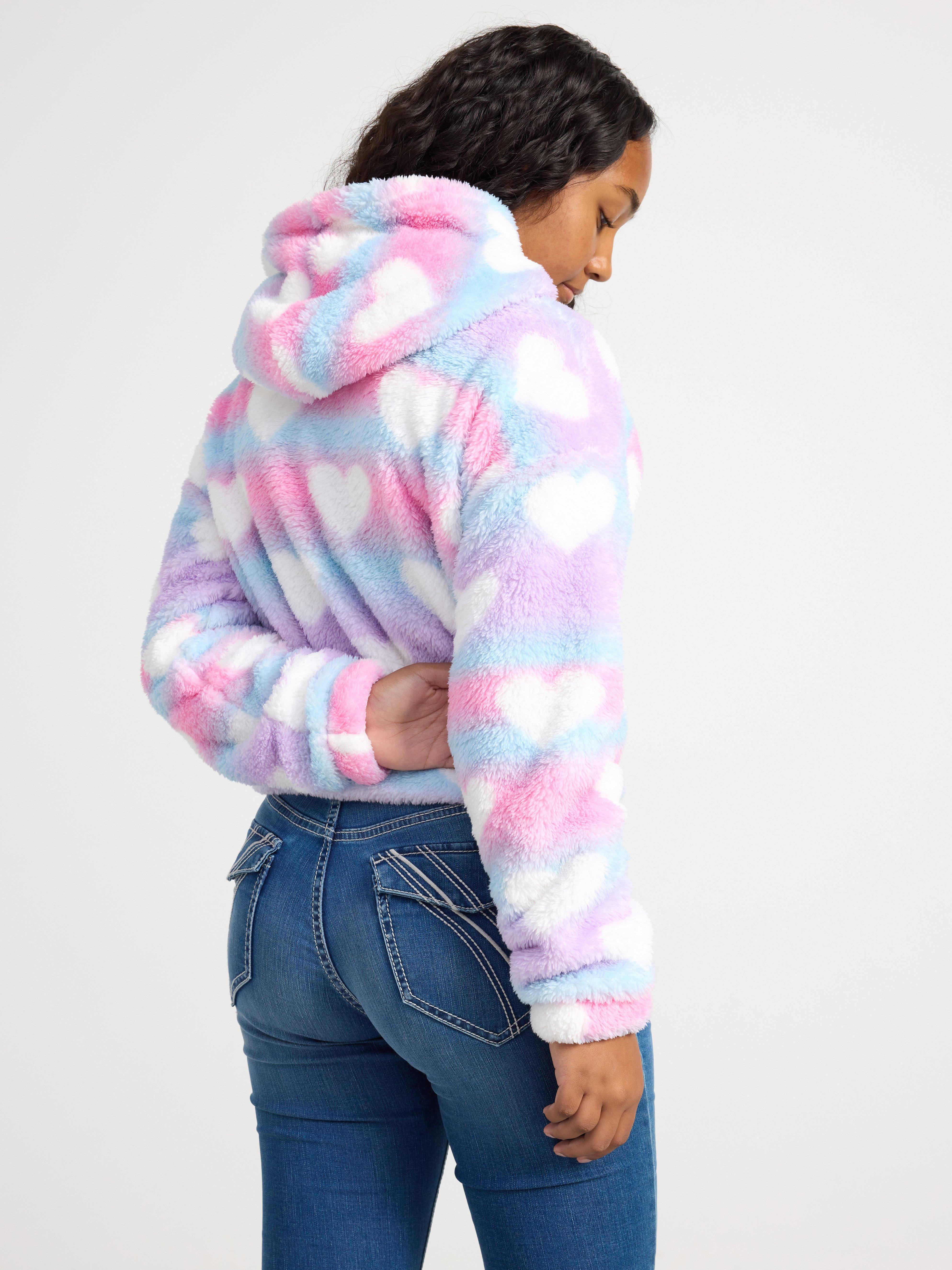 Cropped hooded pile jumper with hearts Light Pink