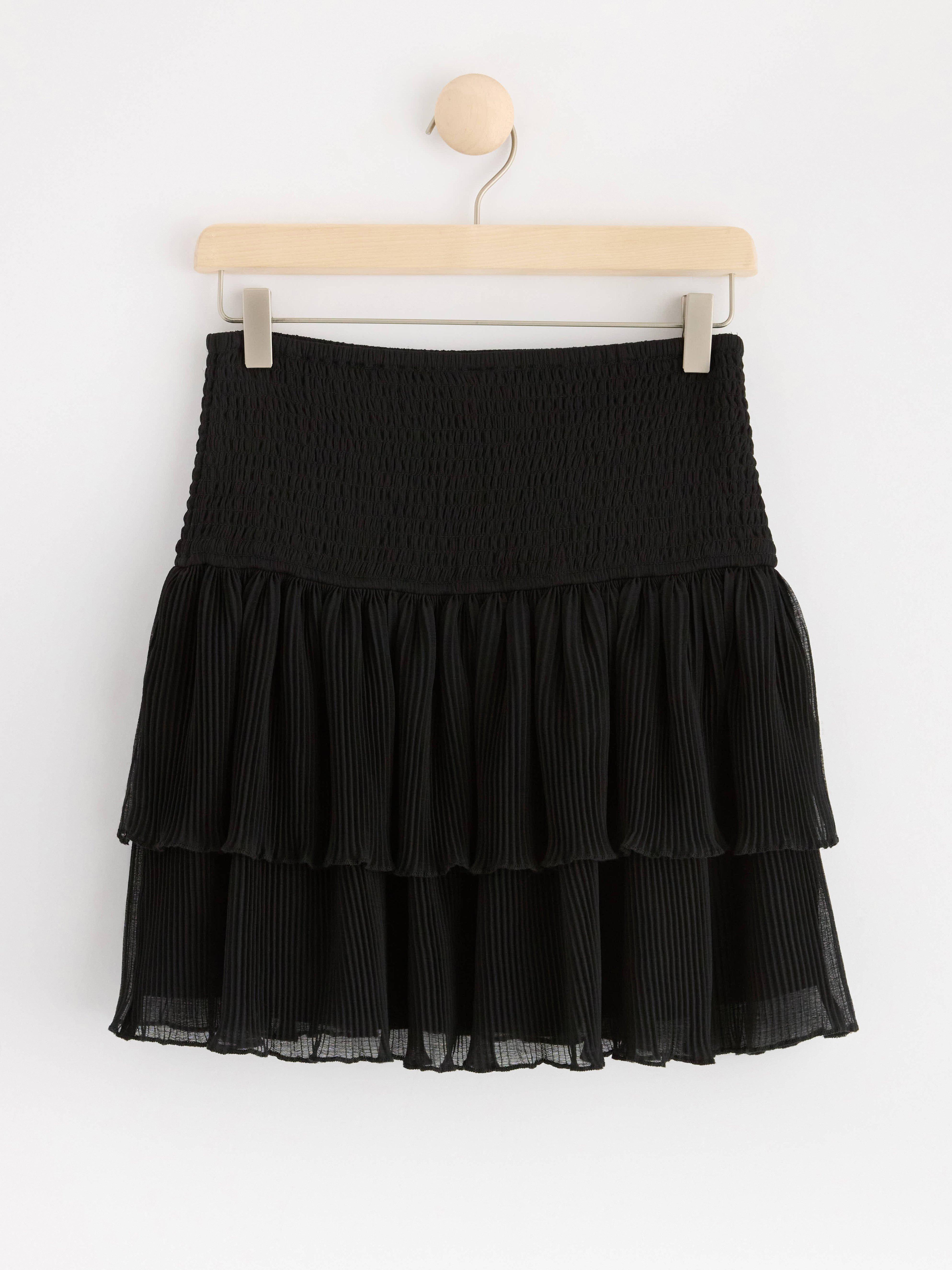 Chiffon skirt with smock and flounces Black