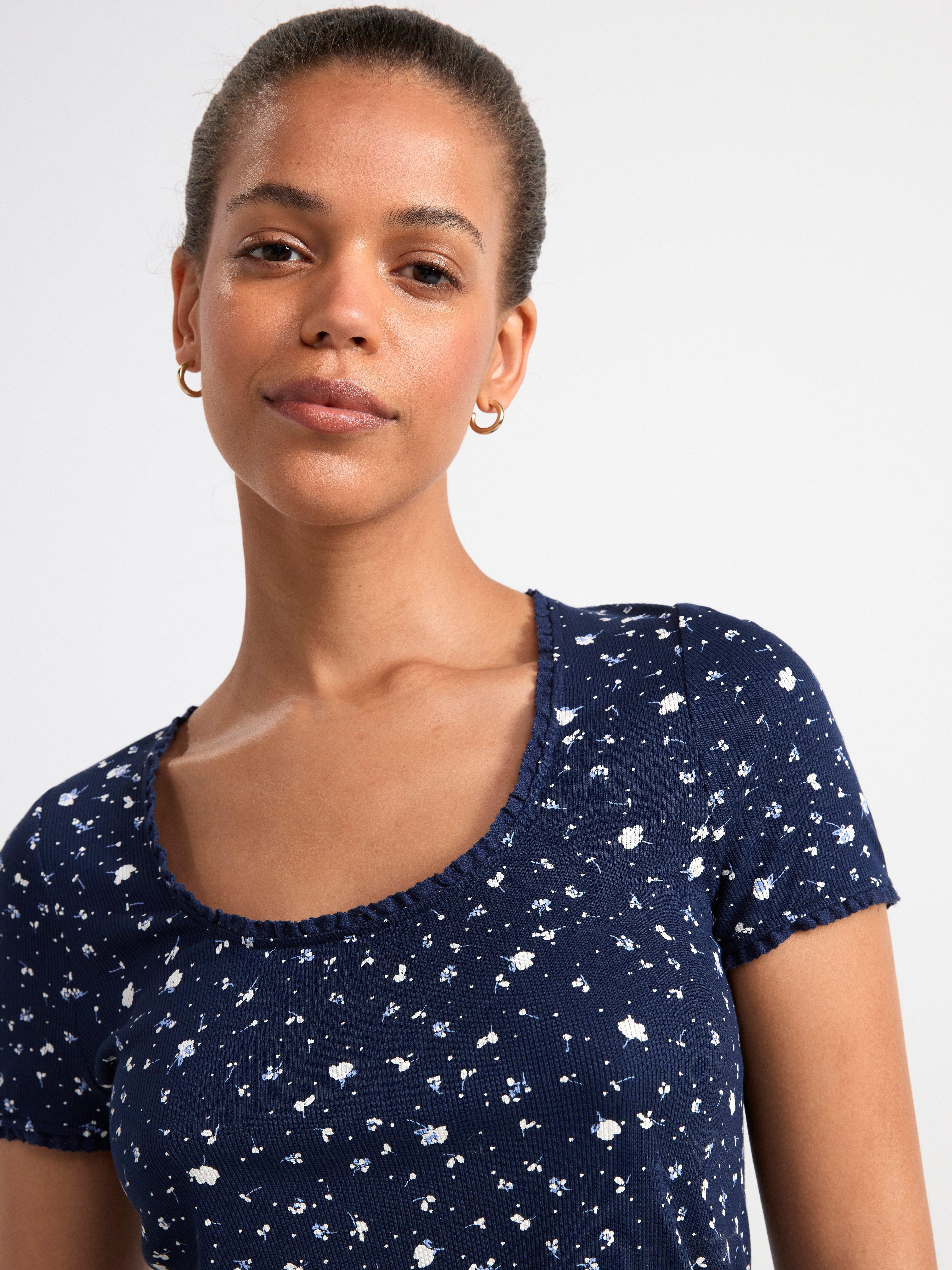 Ribbed top with flowers Navy