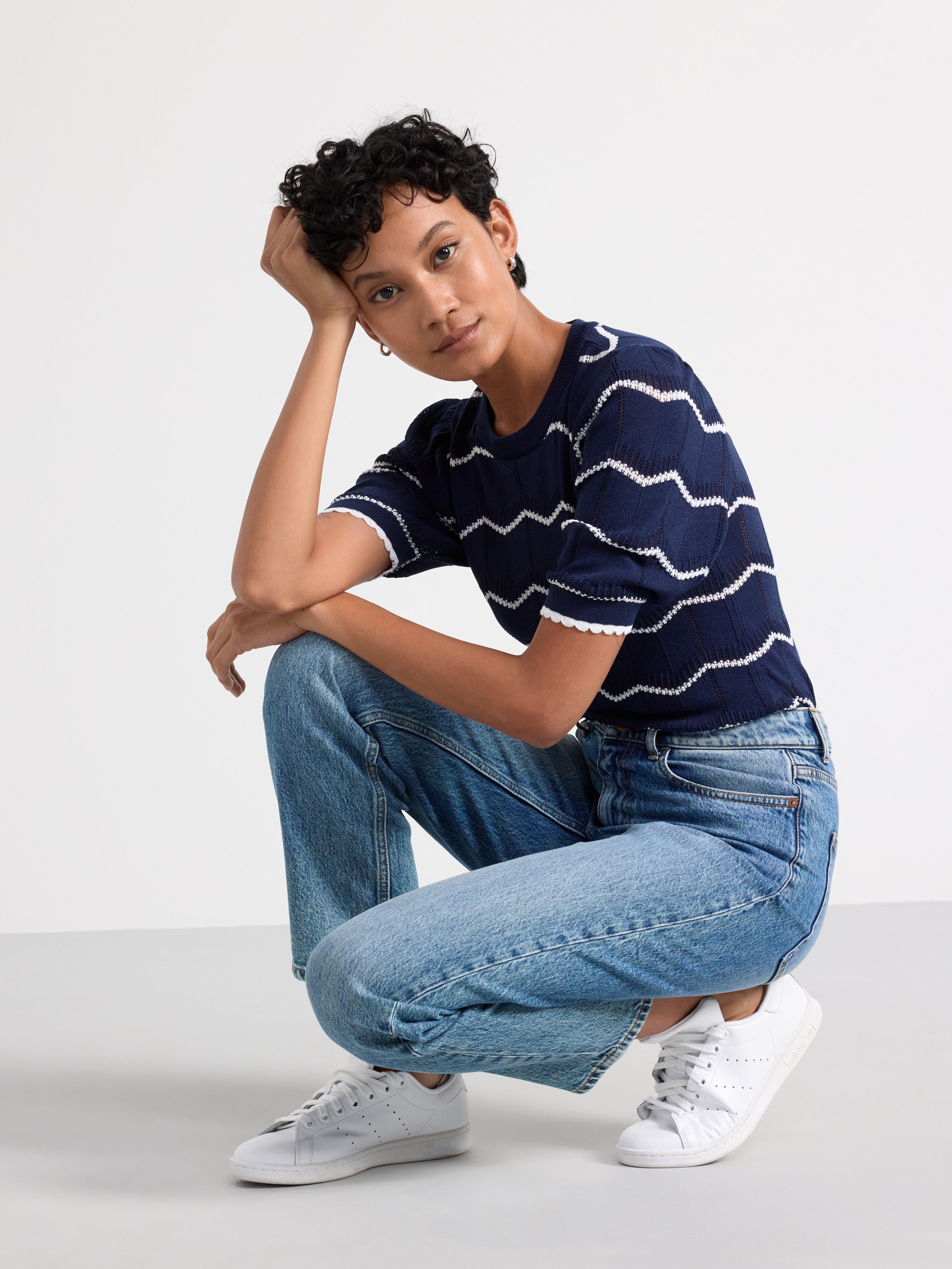 Pattern knitted striped short sleeve jumper Navy