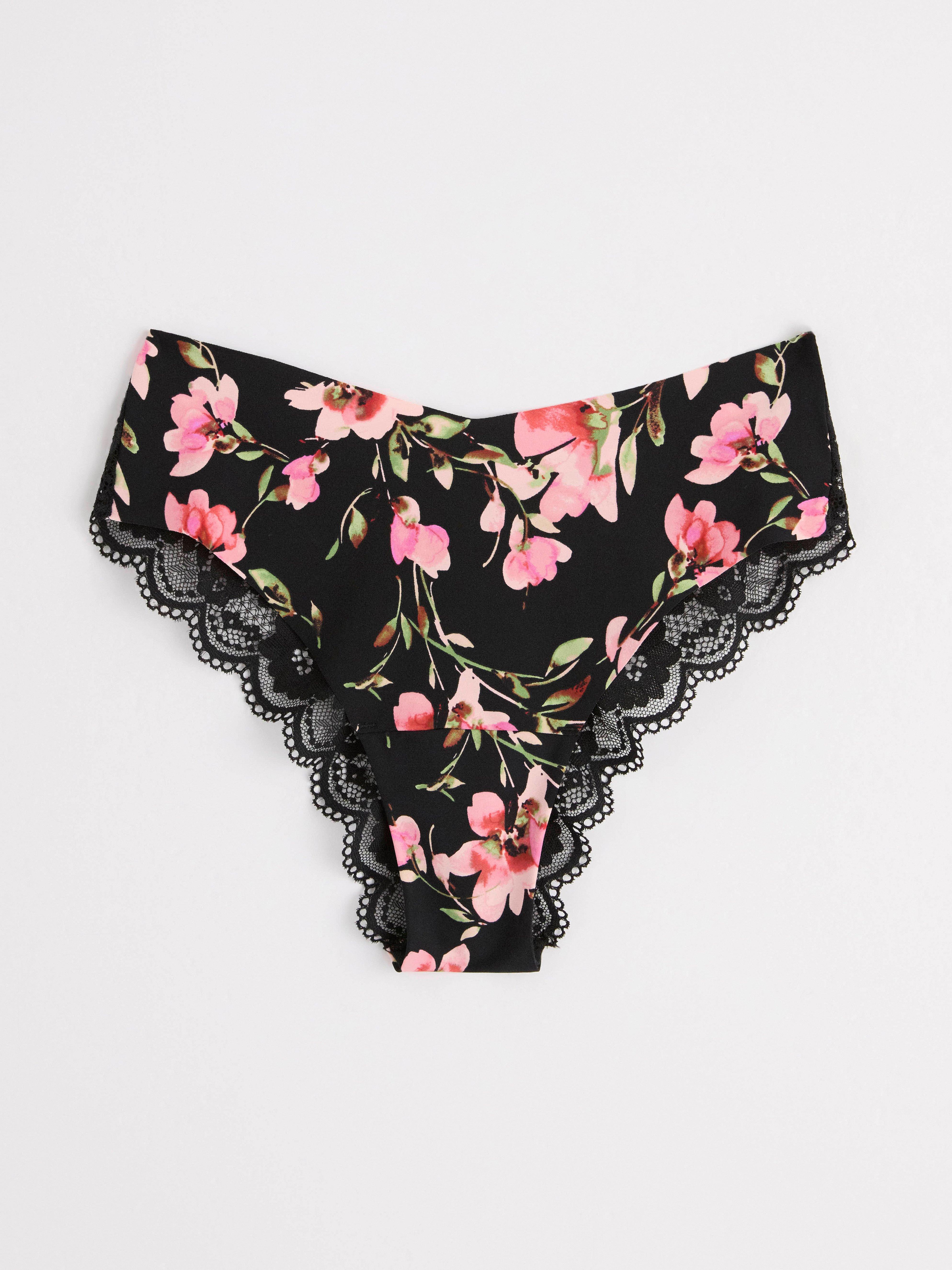 Regular waist brazilian briefs with flowers Black