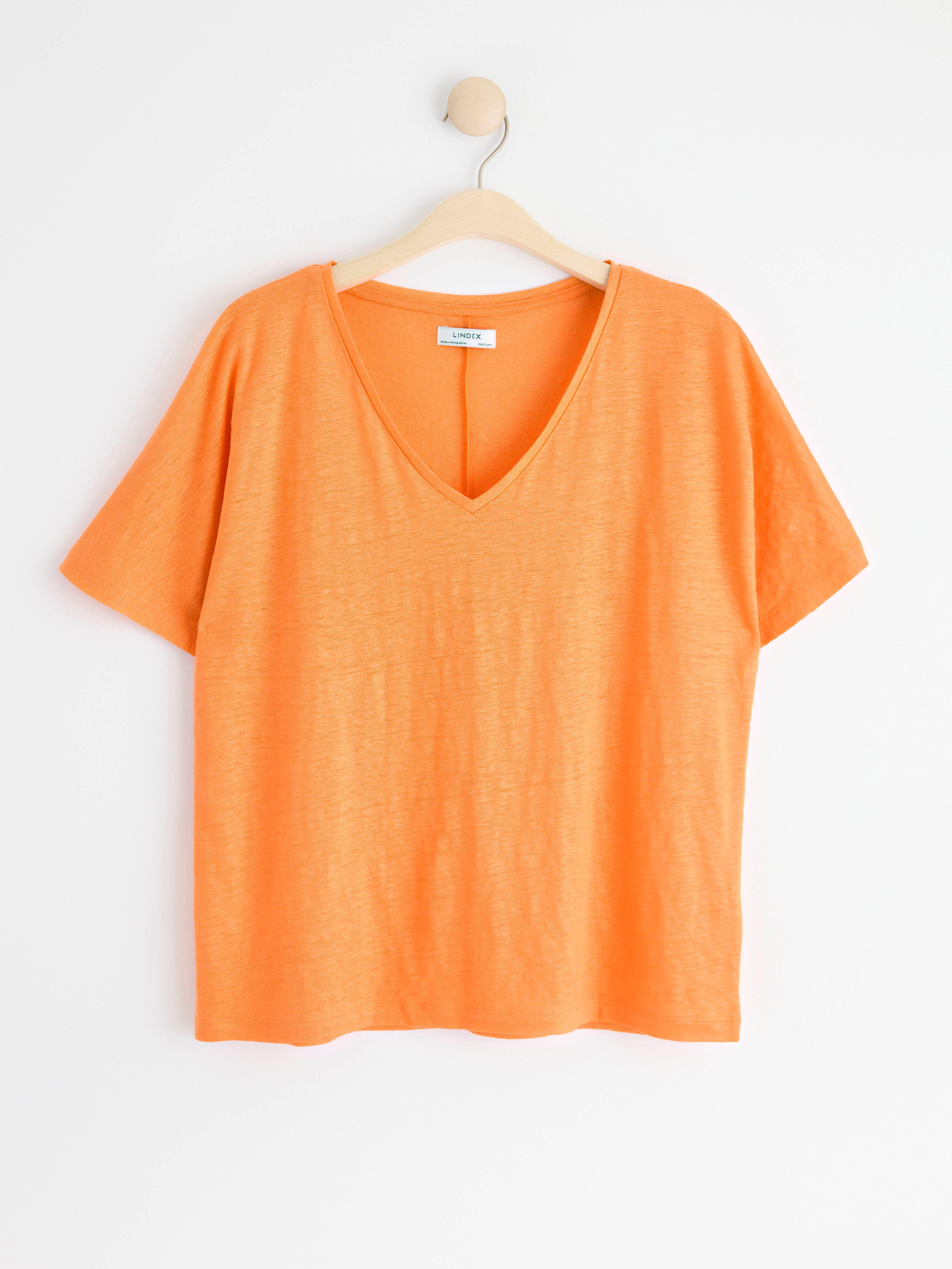 Short sleeve v-neck linen top Light Orange