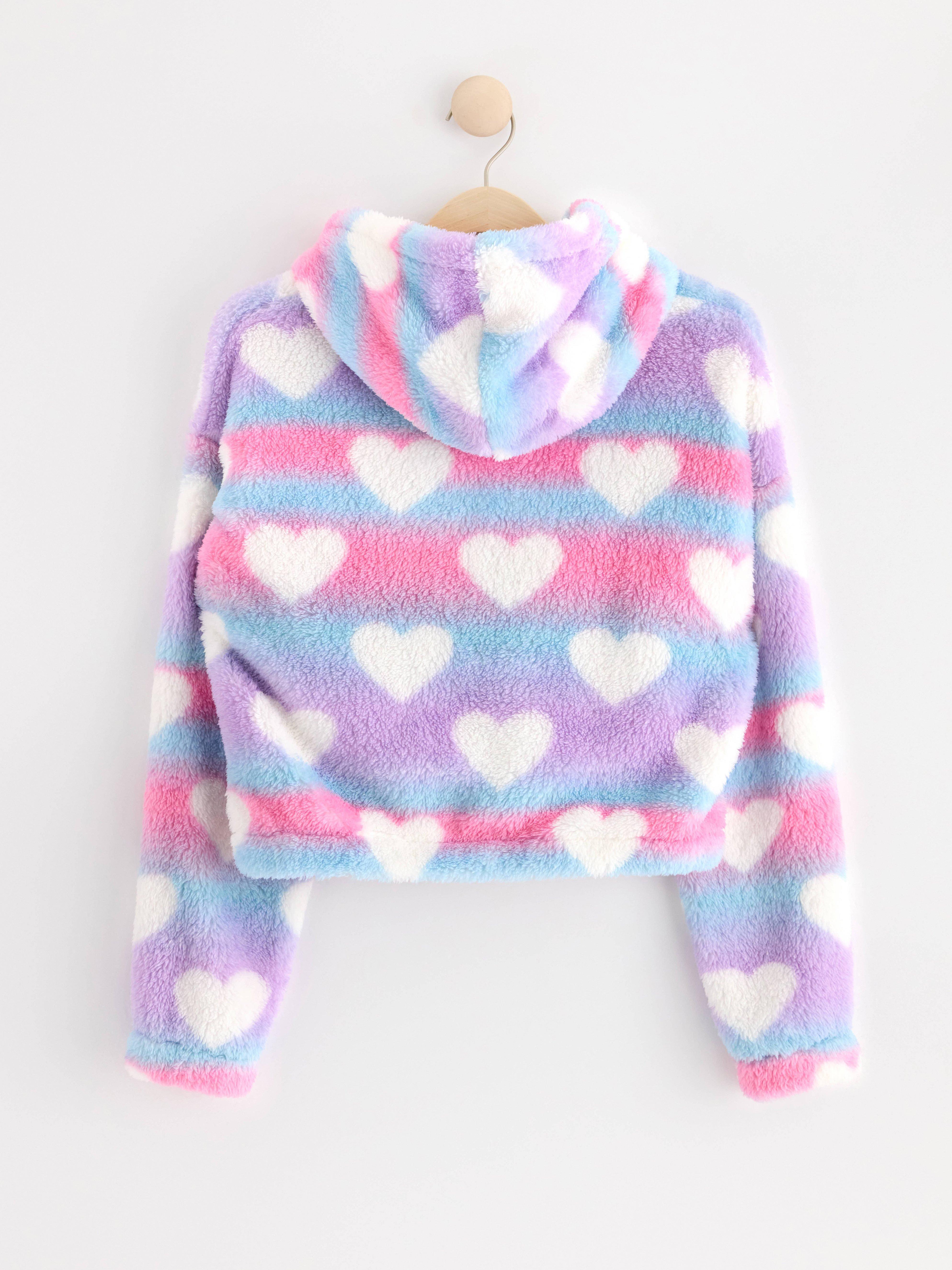 Cropped hooded pile jumper with hearts Light Pink