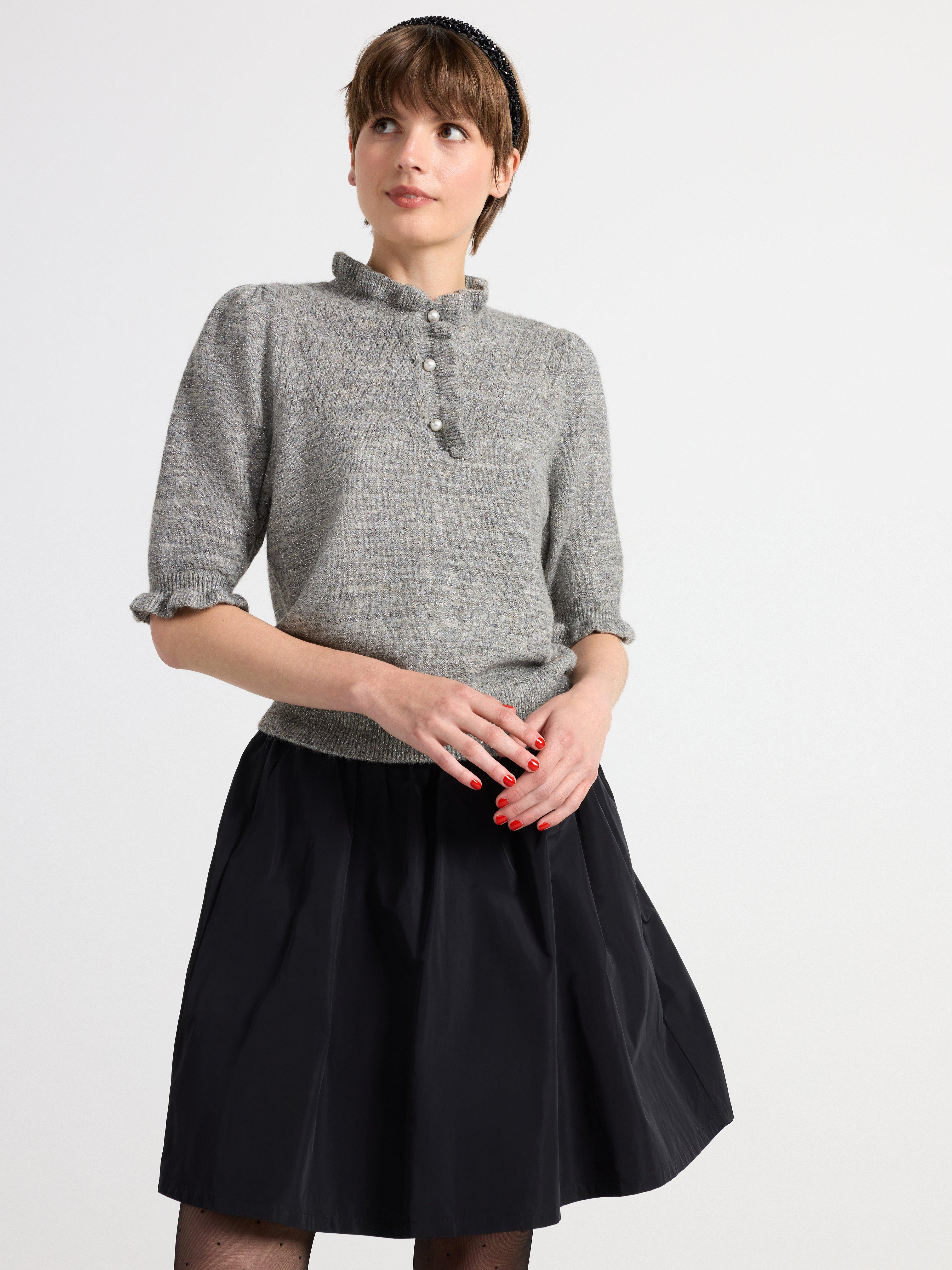 Knitted jumper with frill collar and beautiful metallic-shimmering yarn Grey melange