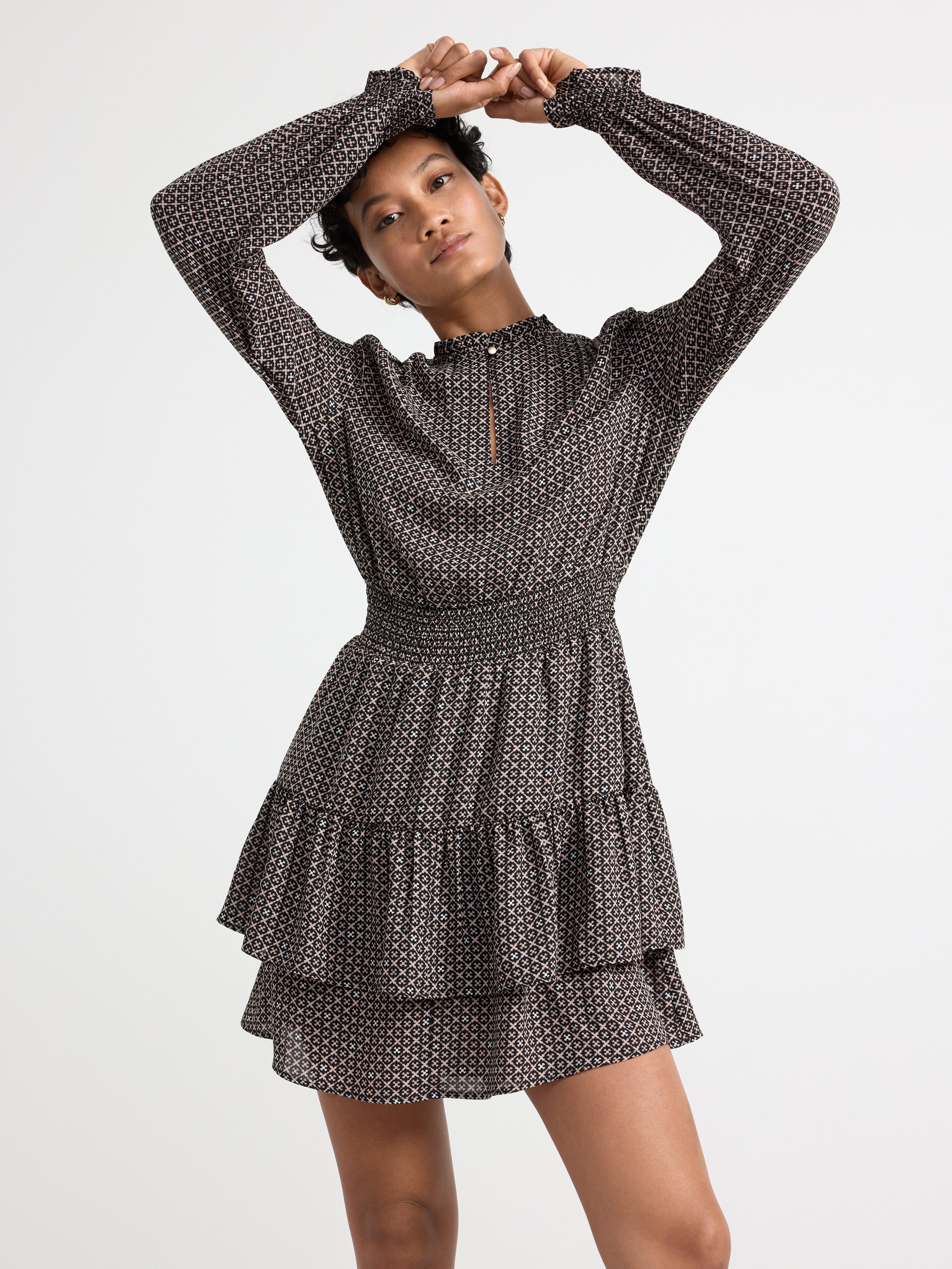 Patterned long sleeve dress with flounces Black