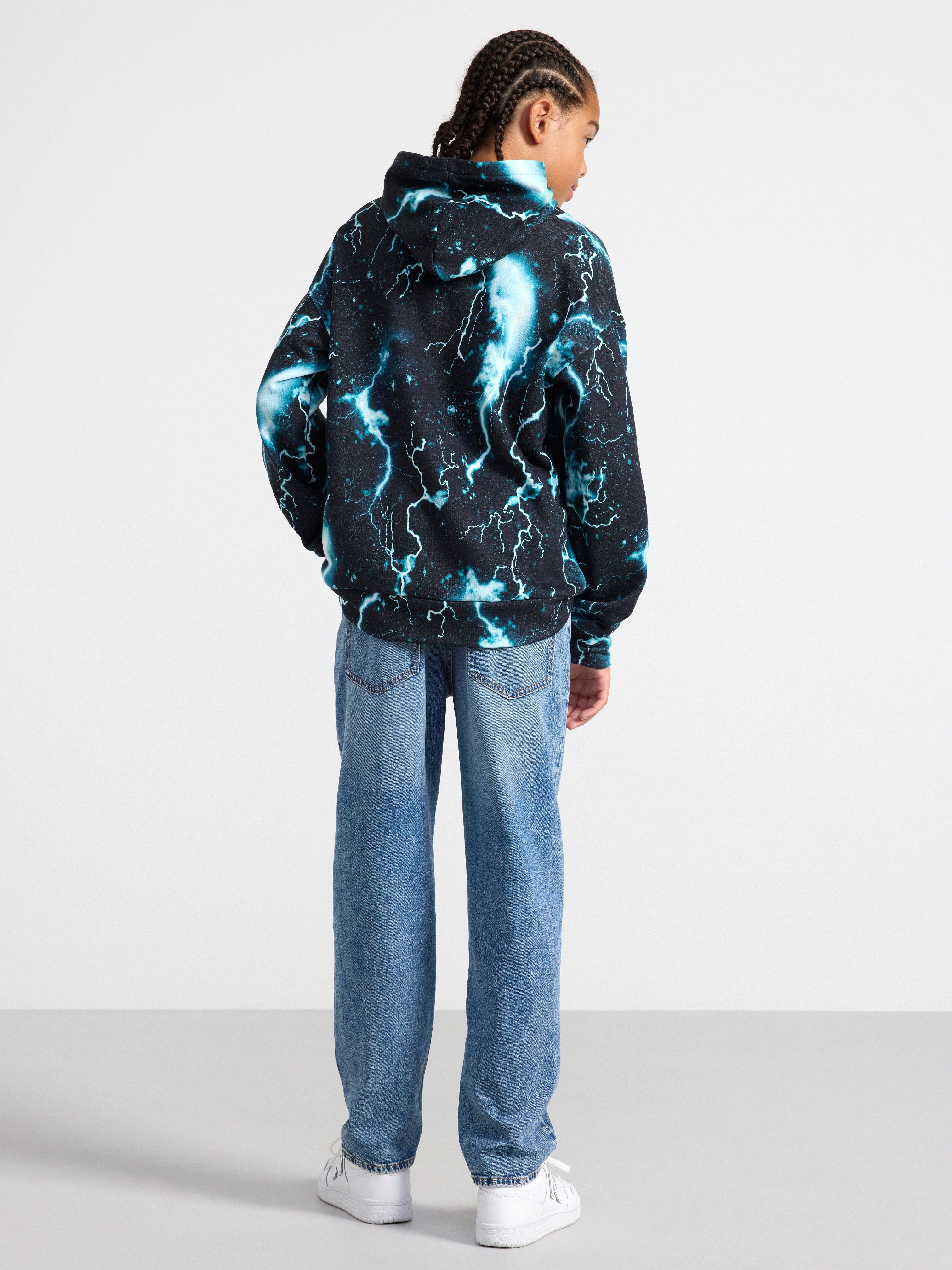 Hoodie with allover print and brushed inside Dusty turqouise