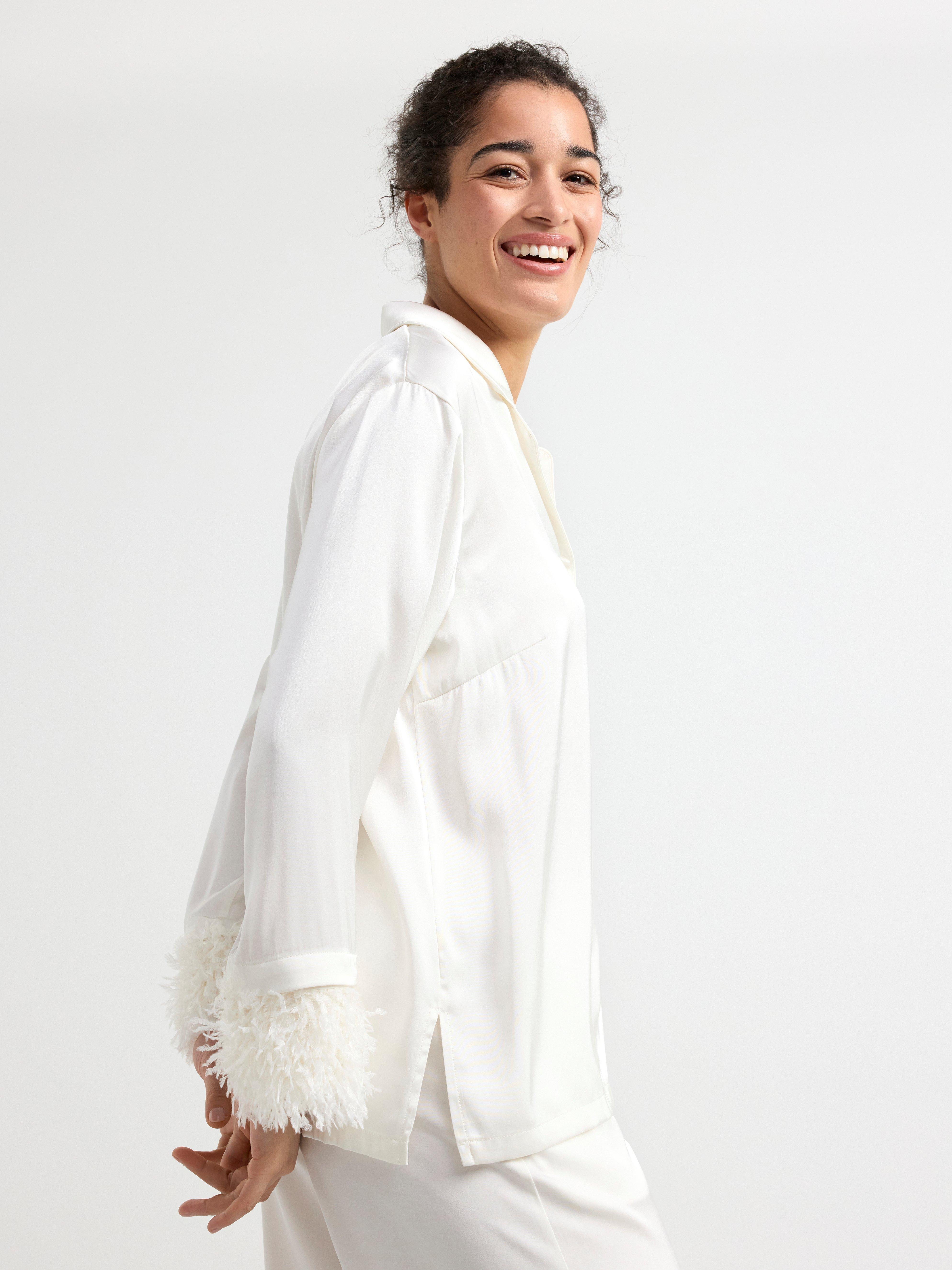 Satin pyjama set with faux feathers Light White