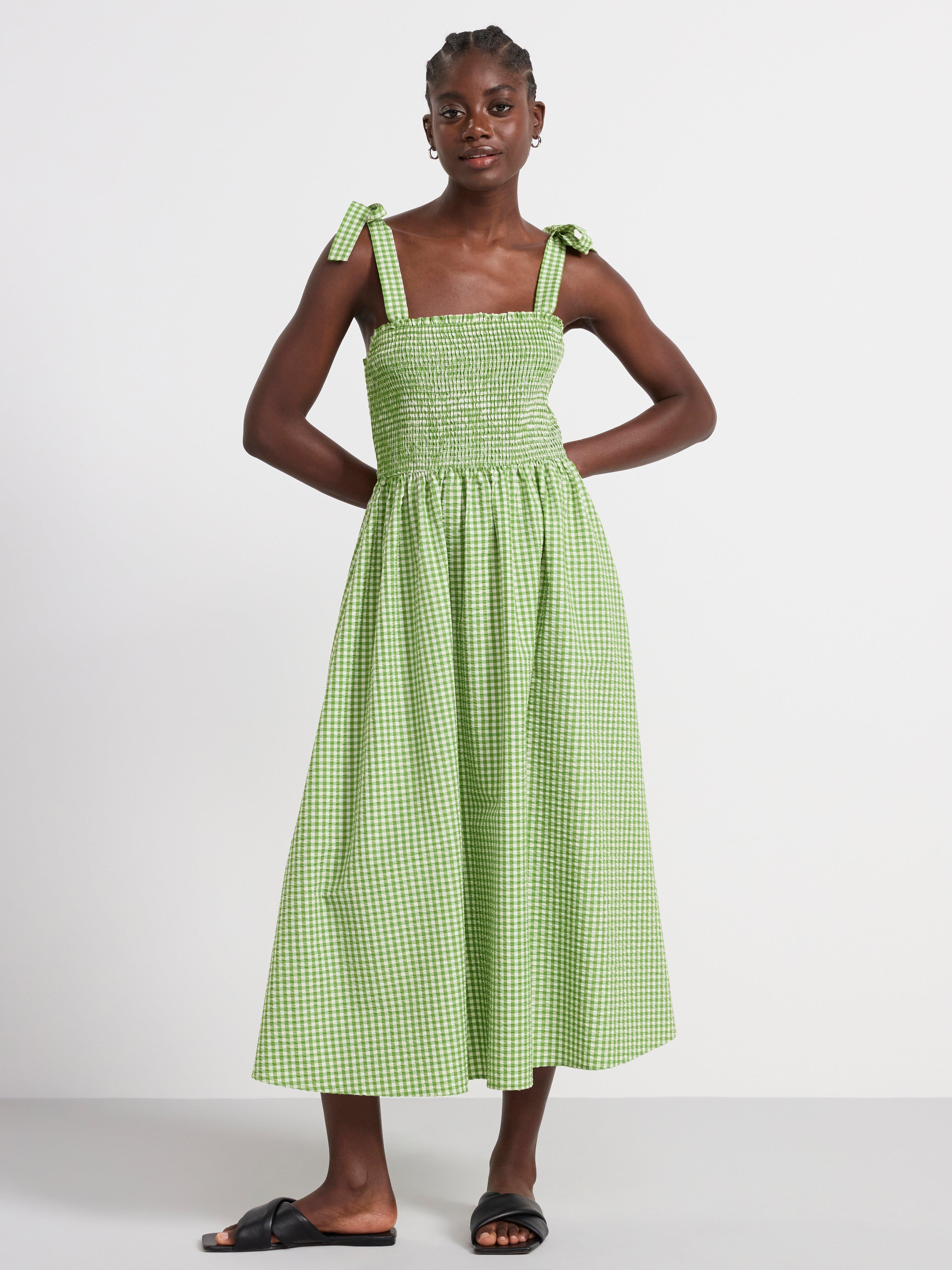 Checked midi dress with smock Dark Lime