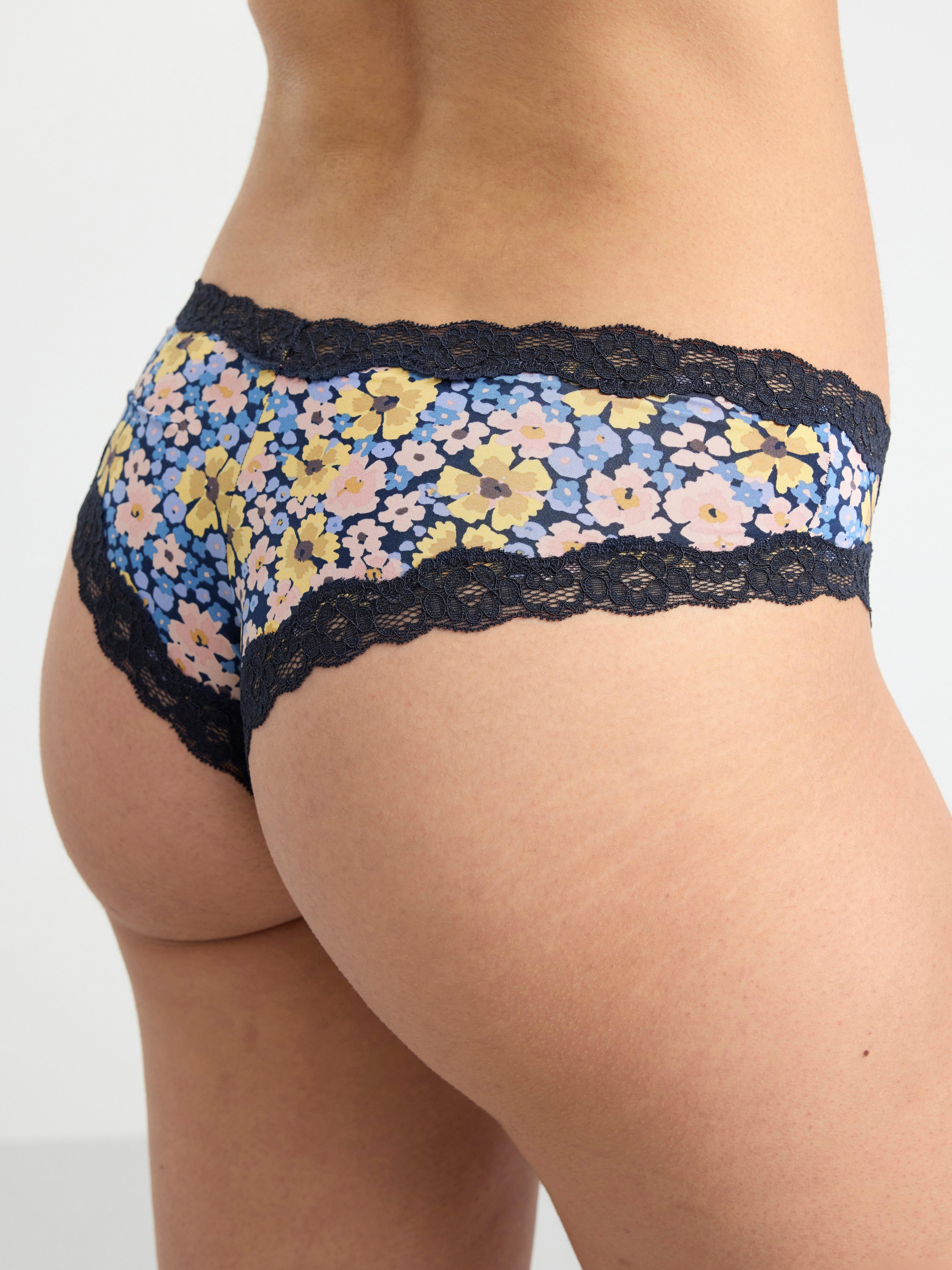 Brazilian low waist briefs with high leg cut and flowers Navy
