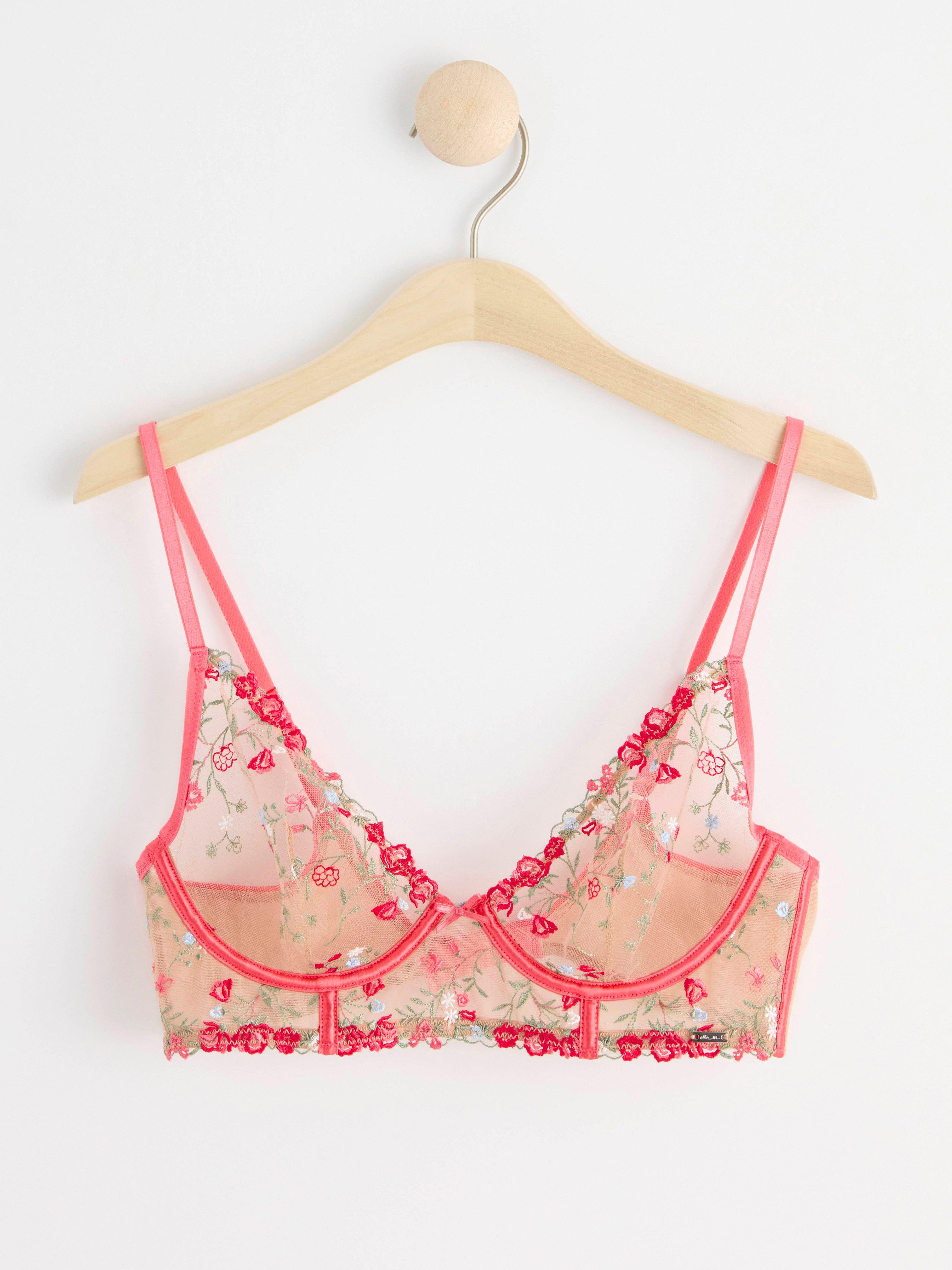 Unpadded bustier with floral lace and mesh Dark Pink