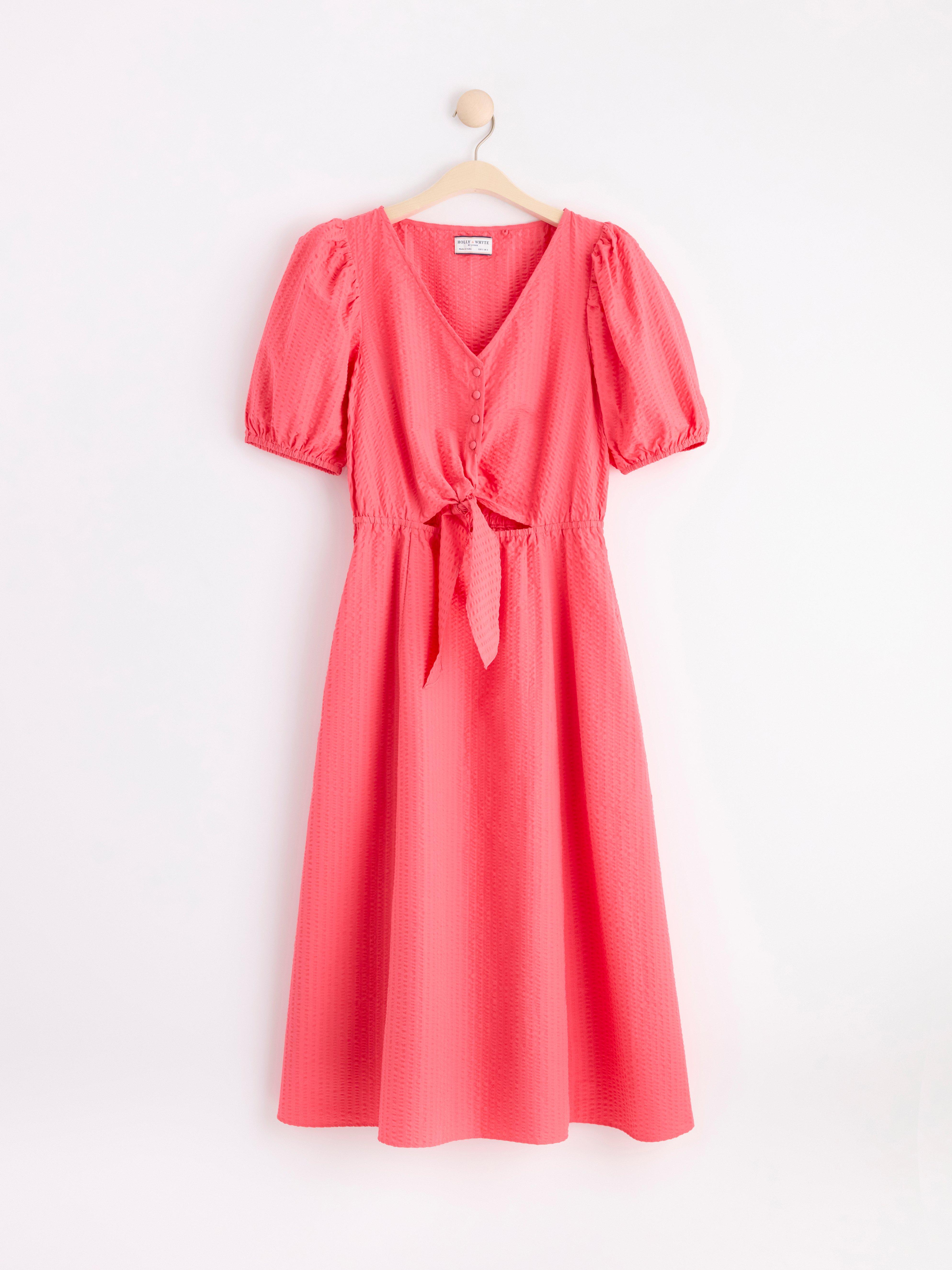 Seersucker dress with puff sleeves Dark Pink