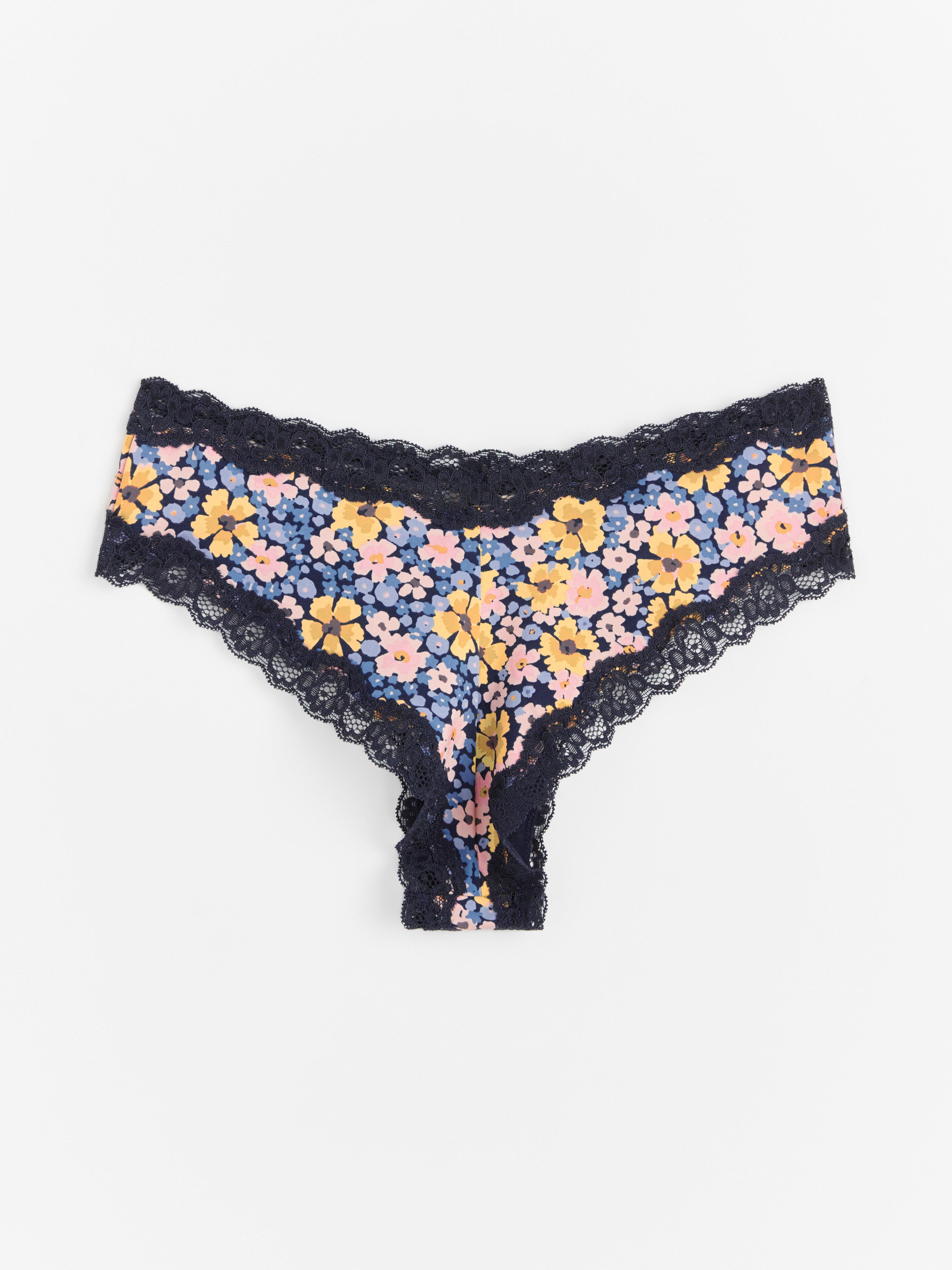 Brazilian low waist briefs with high leg cut and flowers Navy