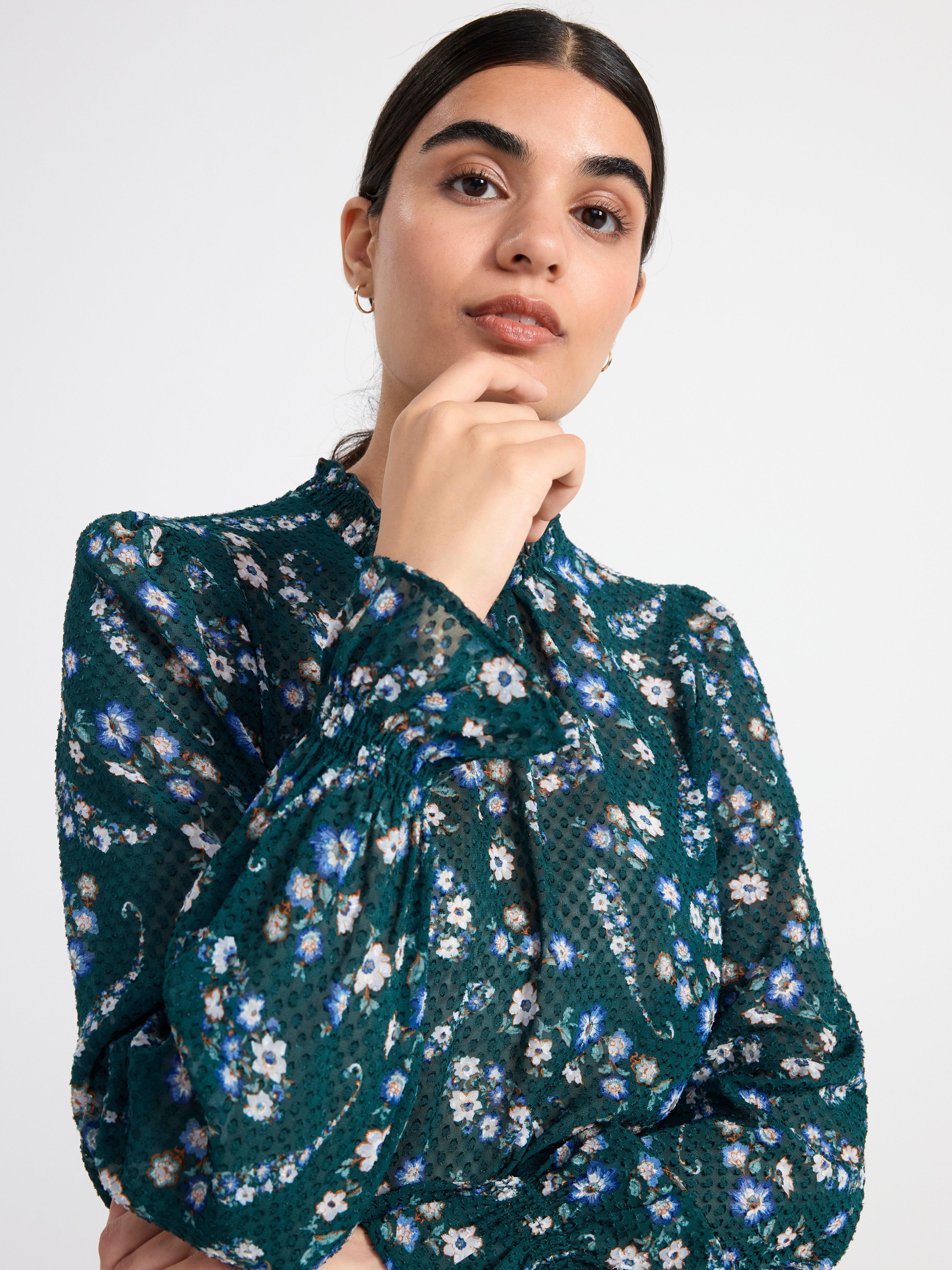 Long sleeve textured blouse with pattern Dark Green
