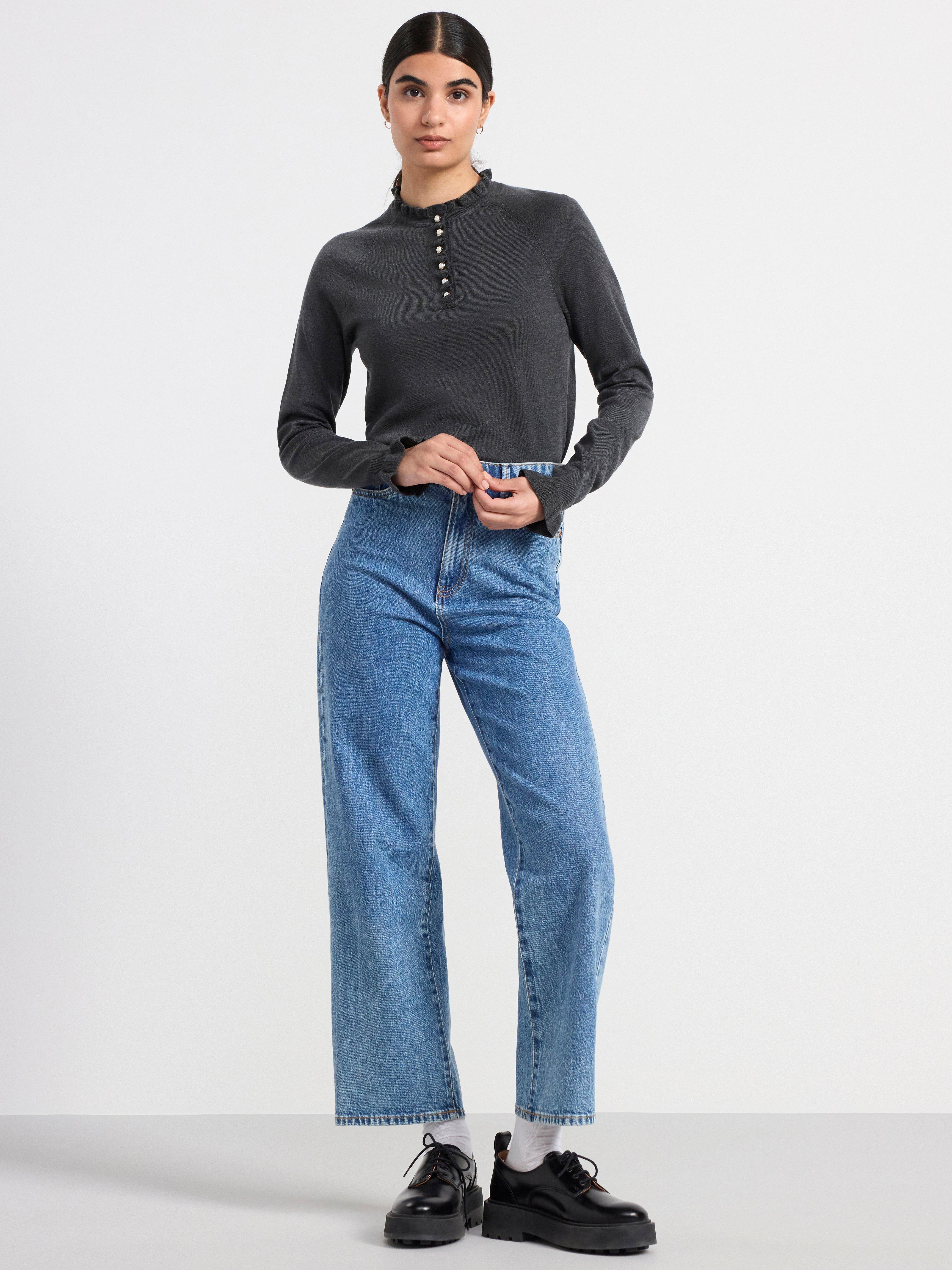 Fine-knit jumper with frill collar Dark Grey Melange
