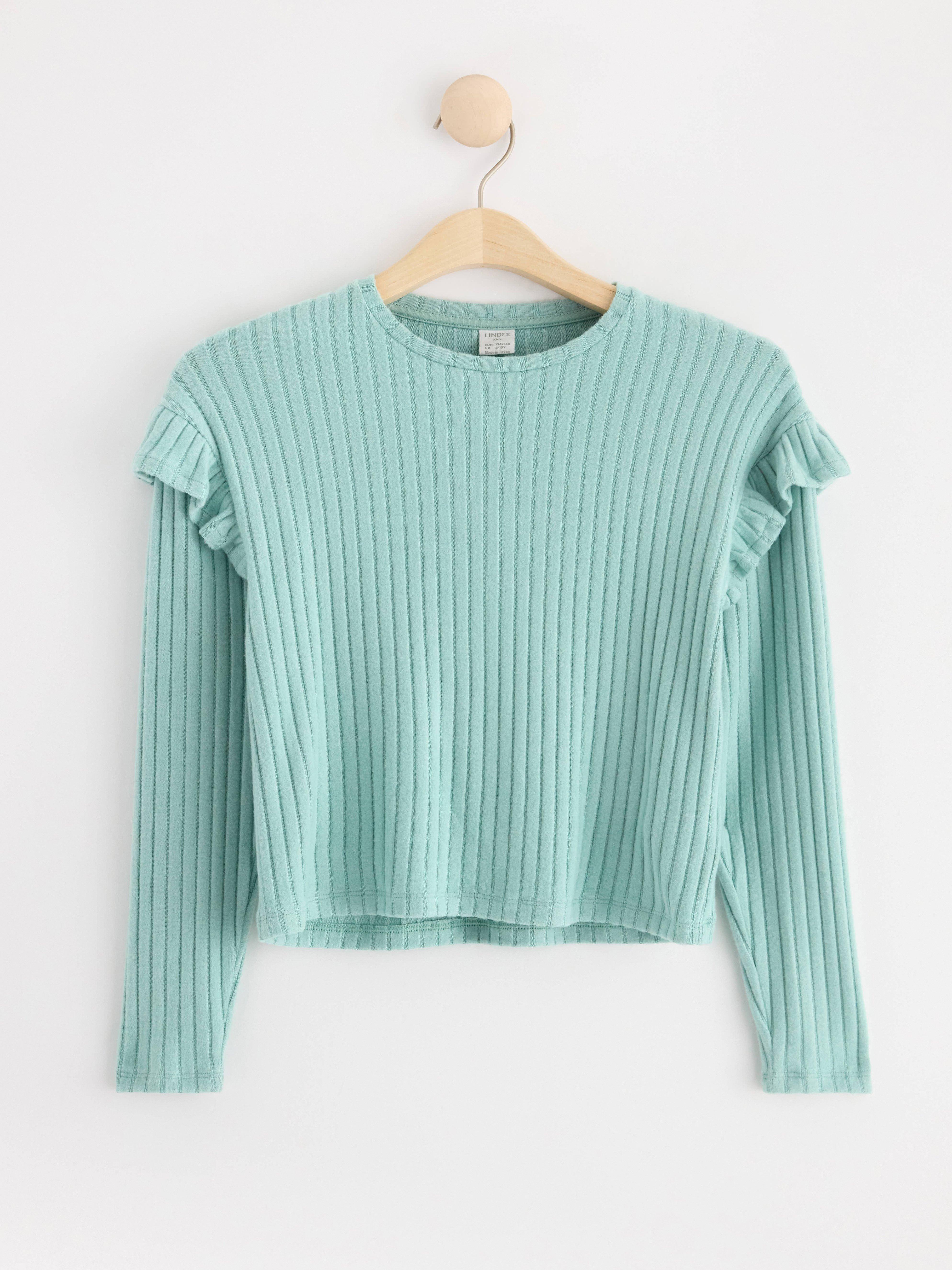 Ribbed long sleeve top with frills Dusty Aqua