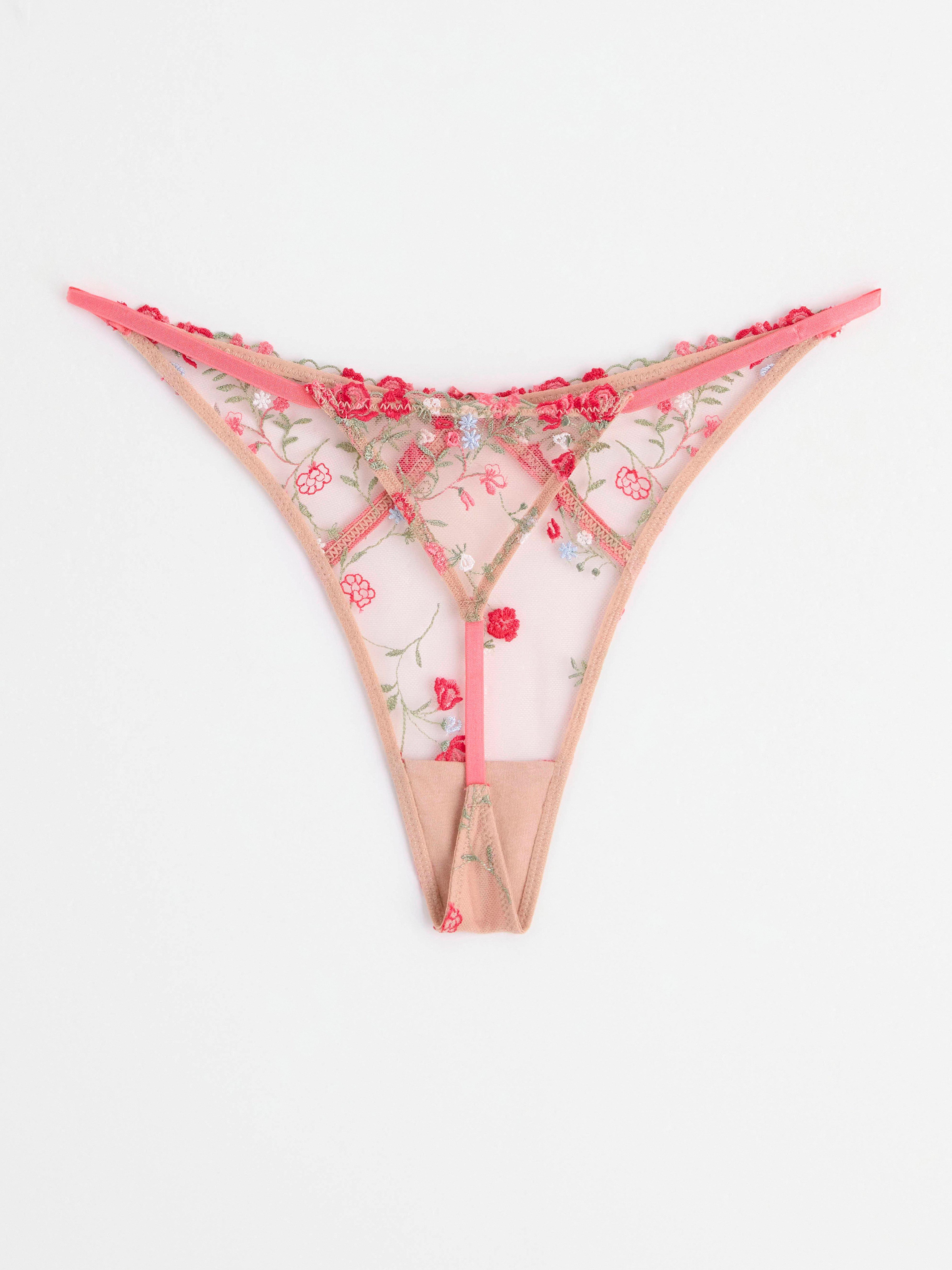 Thong low waist with lace and flowers Dark Pink